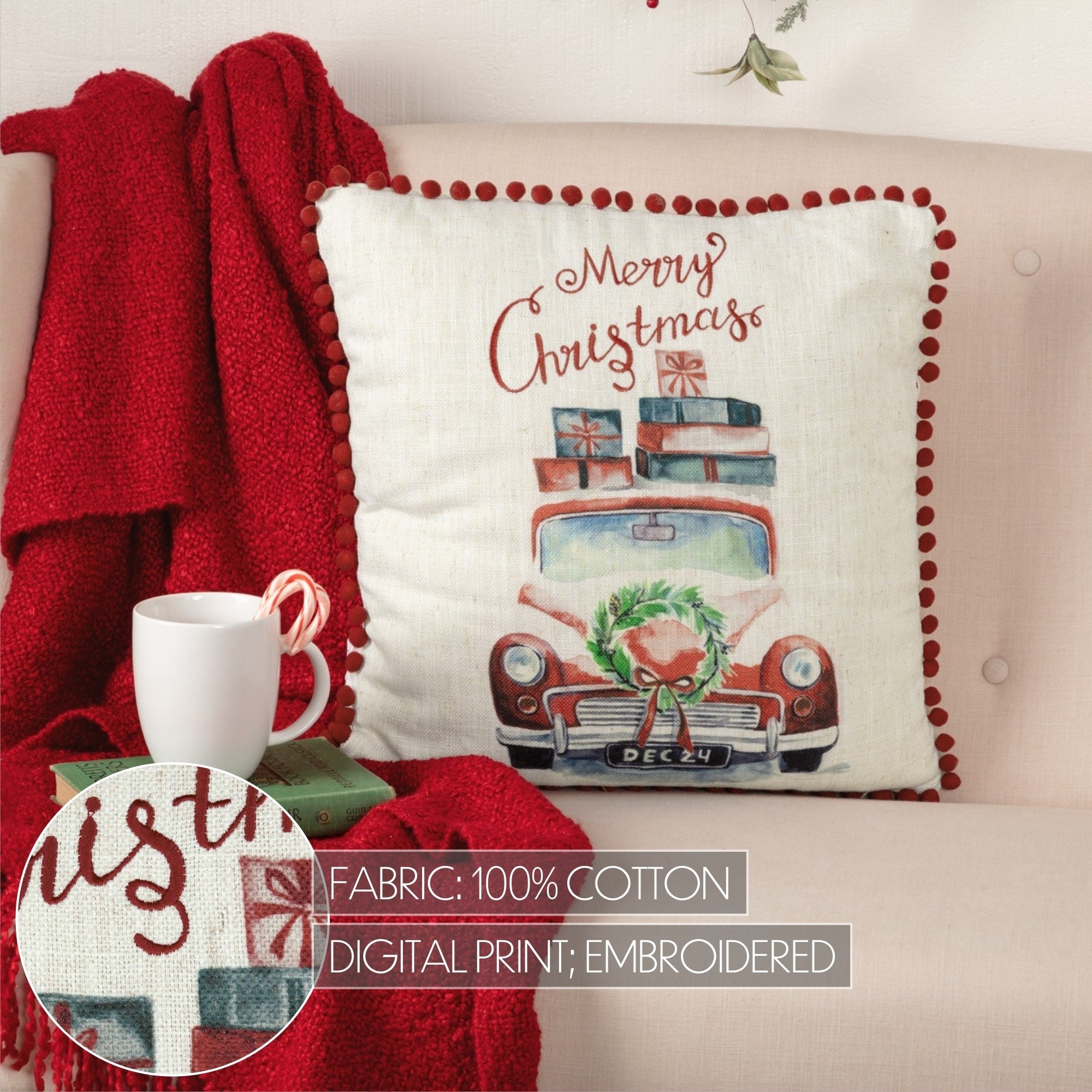 White Farmhouse Christmas Holiday Decor Vhc Merry Christmas Truck 18X18 Pillow Polyester Text Digital Print Textured