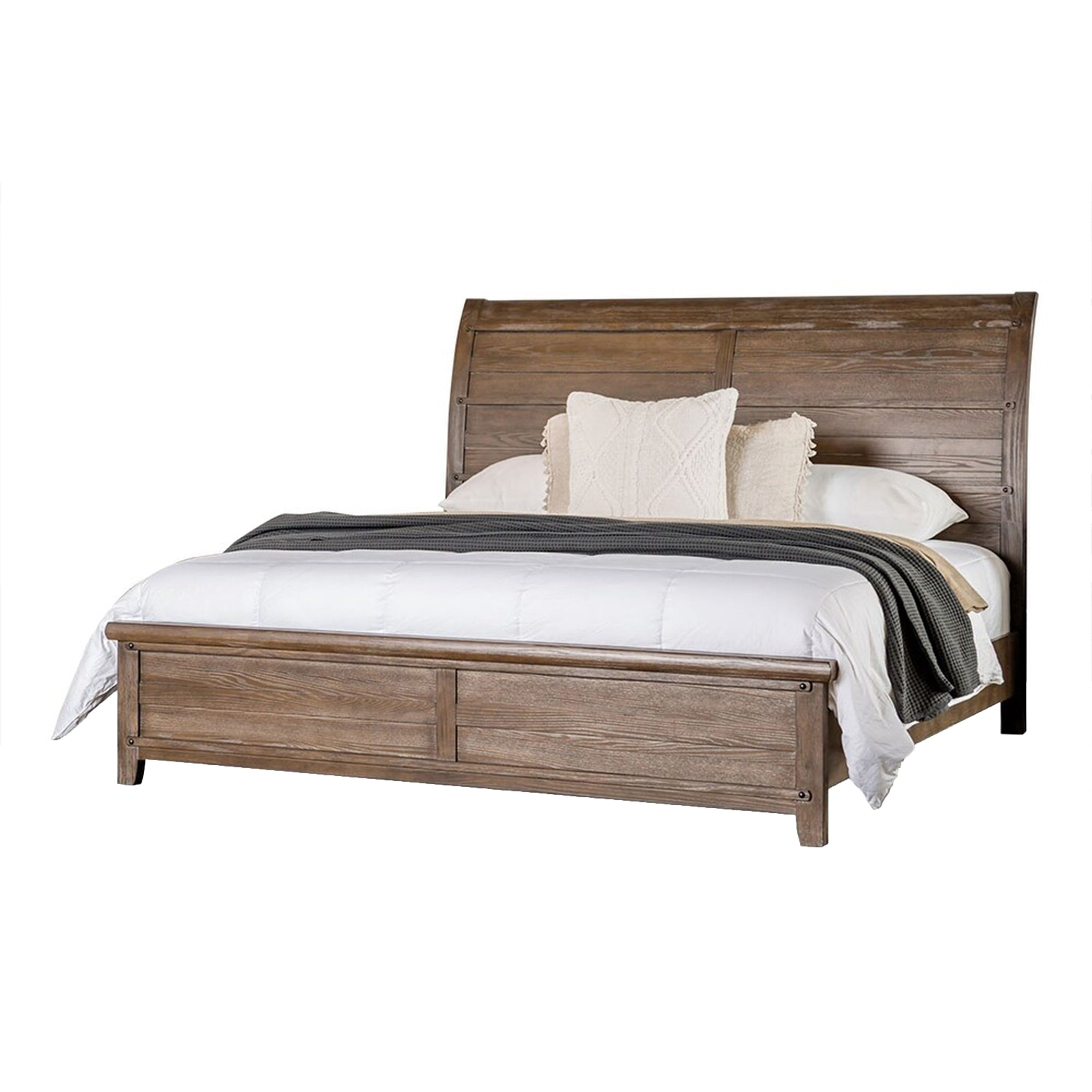 Merry Queen Bed Curved Panel Headboard Rivet Accents Brown Wood