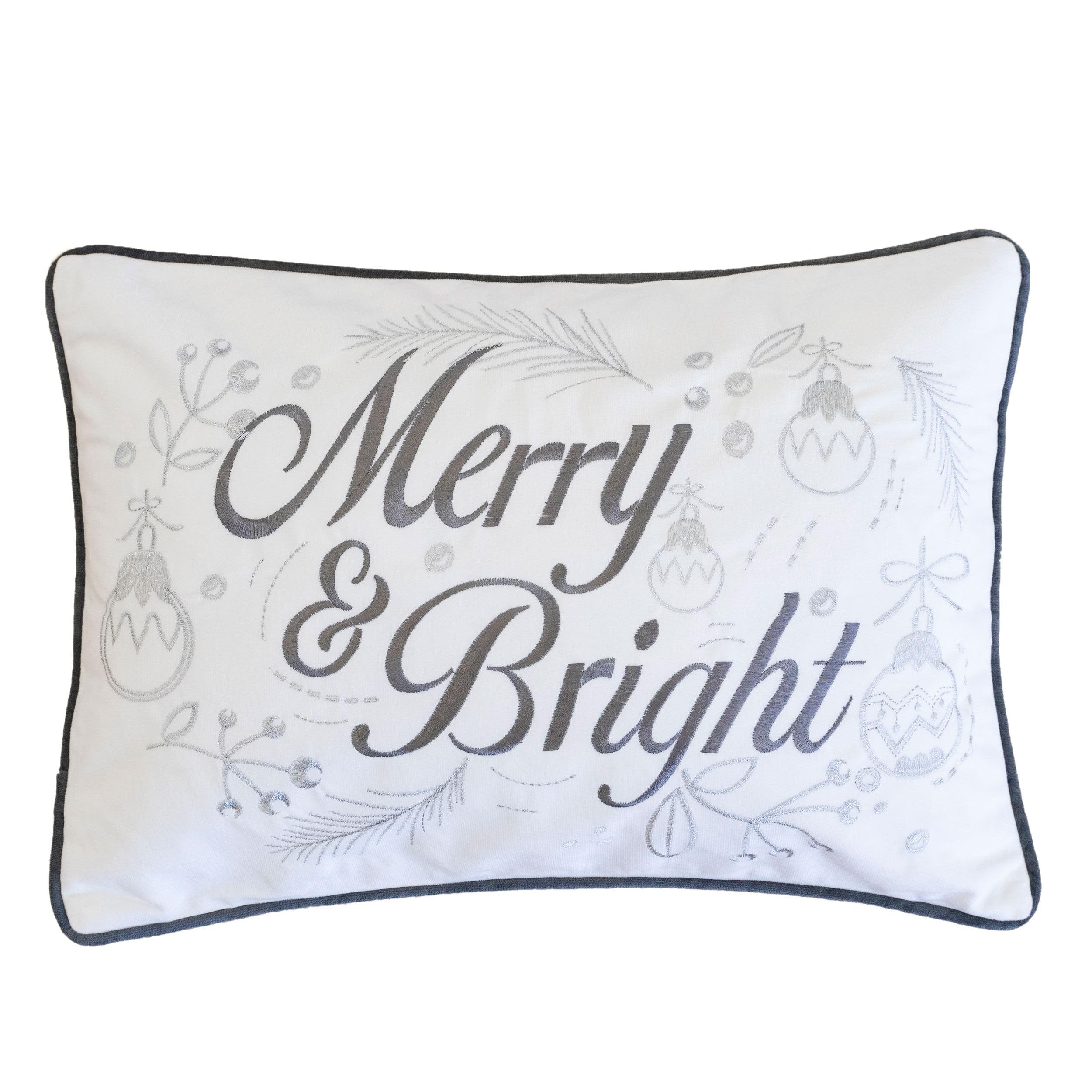Merry Bright Christmas Throw Pillow 14X20 White And Silver Embroidered Velvet Lumbar Cushion Set Of 2
