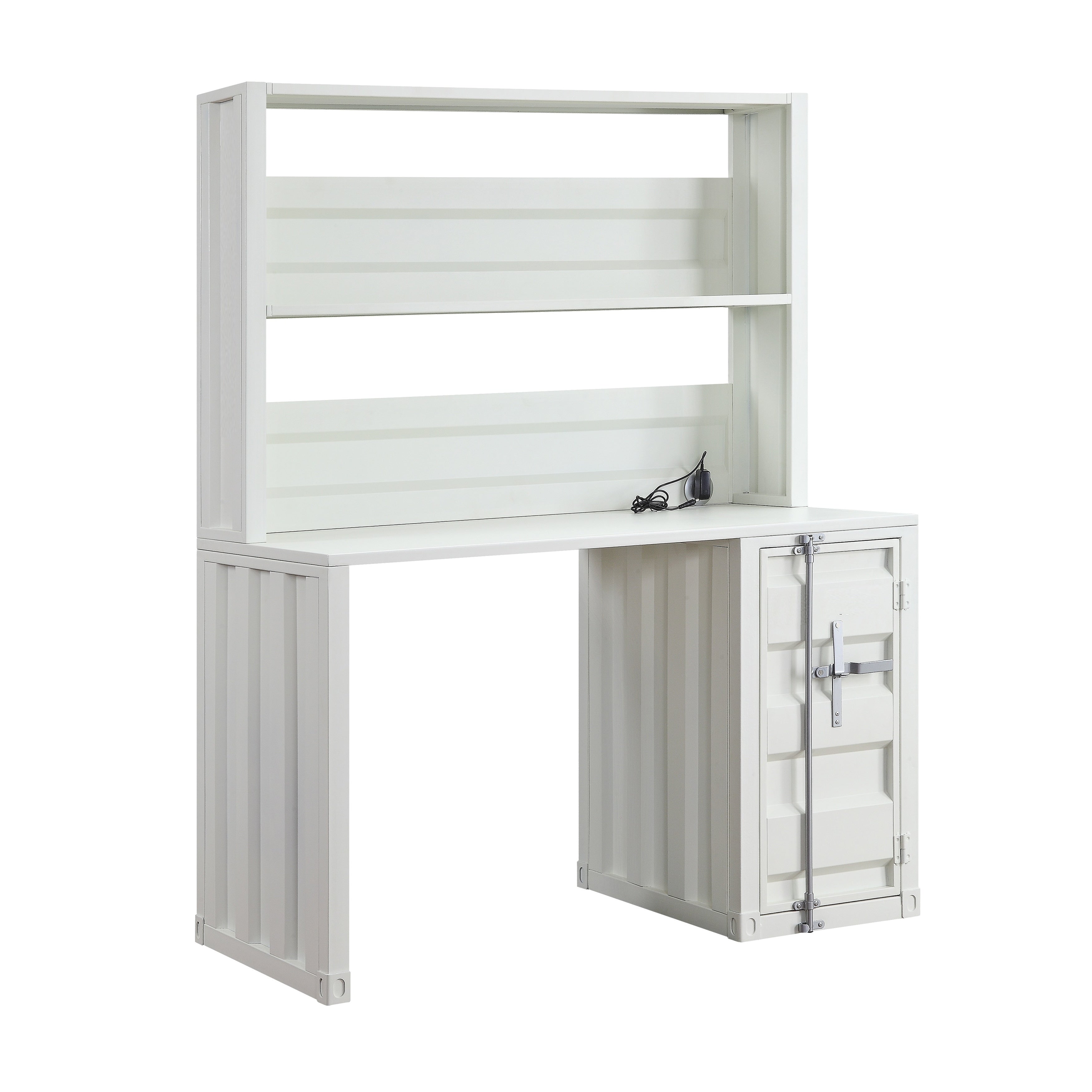 Metal Base Desk And Hutch With Slated Pattern And Storage Compartment White