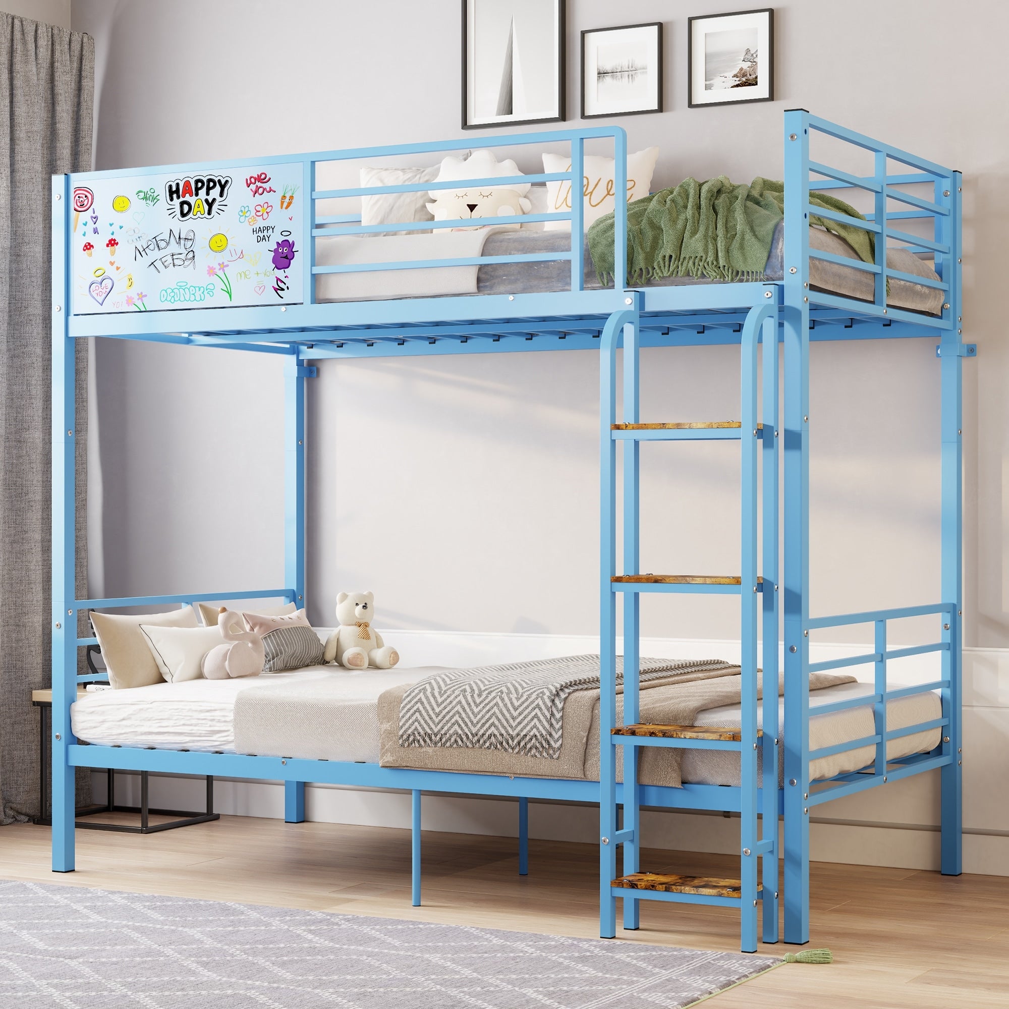 Metal Bed Convertible To 2 Separate Full Size Beds Heavy Duty Bunk Bed Frame With Full Length Guardrail Ladder