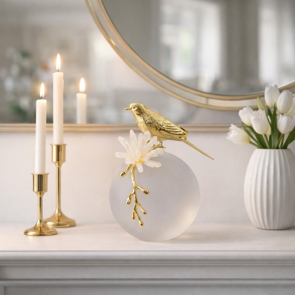 Metal Bird Statue With Crystal Sphere Base 7 Gold White 7.0