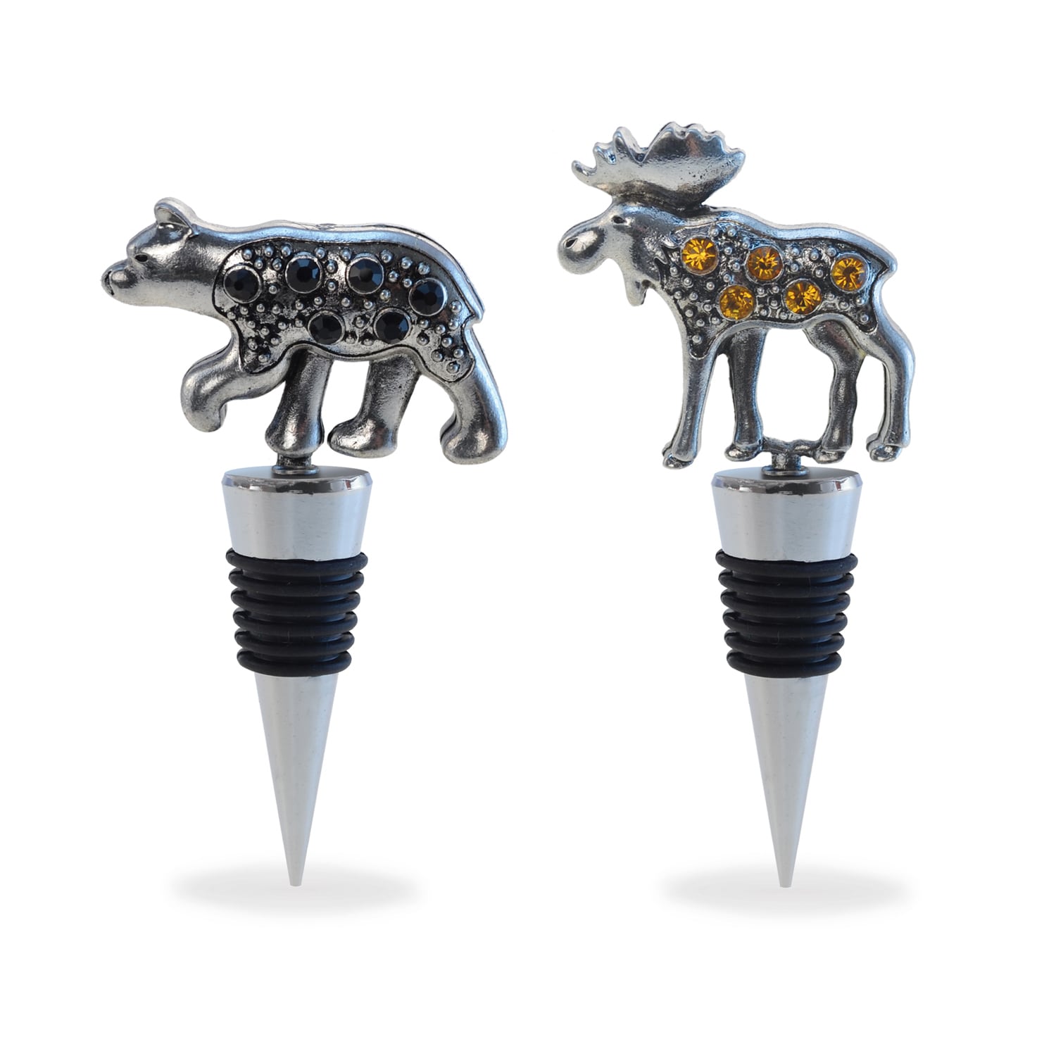 Puzzled Metal Black Bear And Moose Wine Stopper Set Of 2