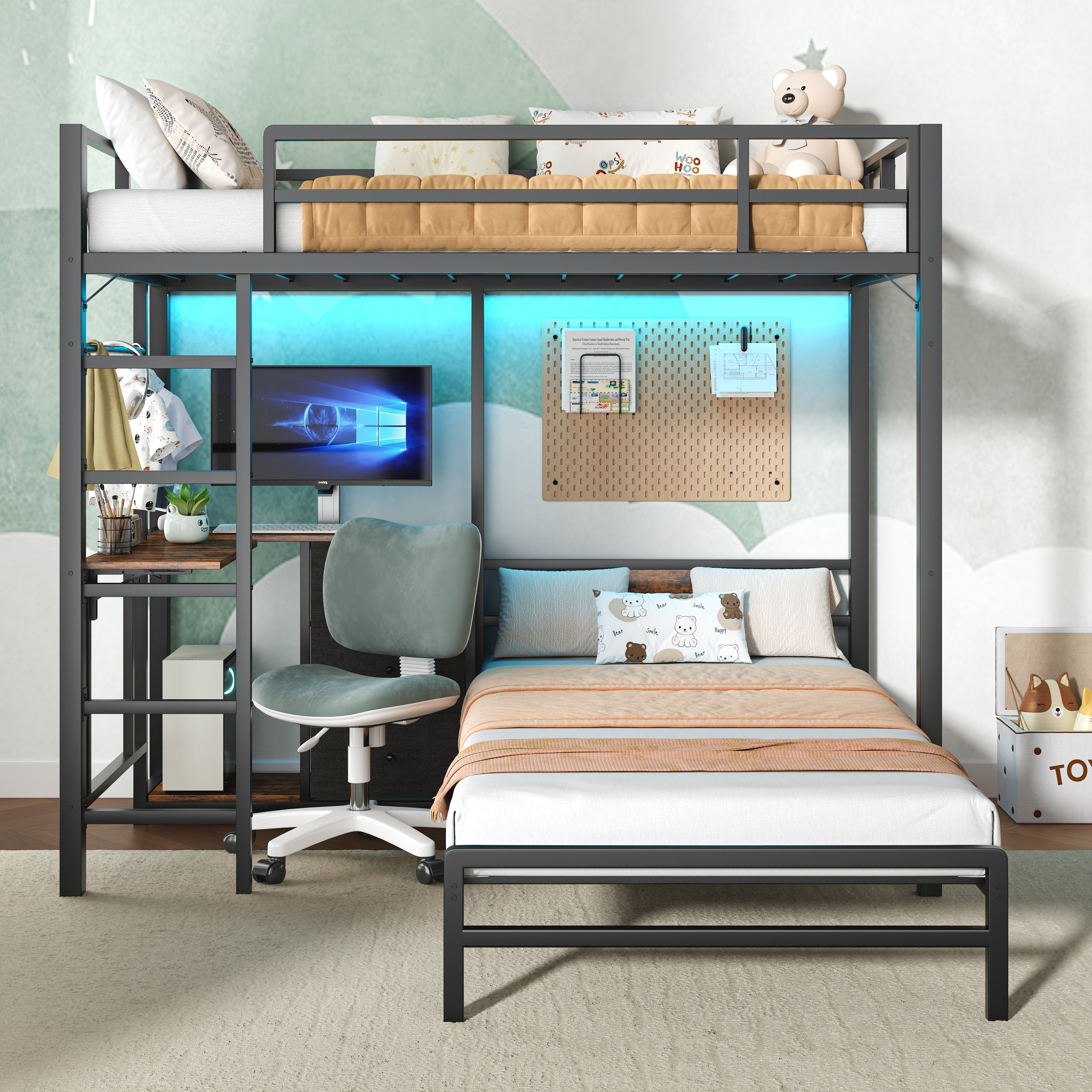 Metal Bunk Bed With Folding Table 3 Storage Drawers Led Lights Usb Ports