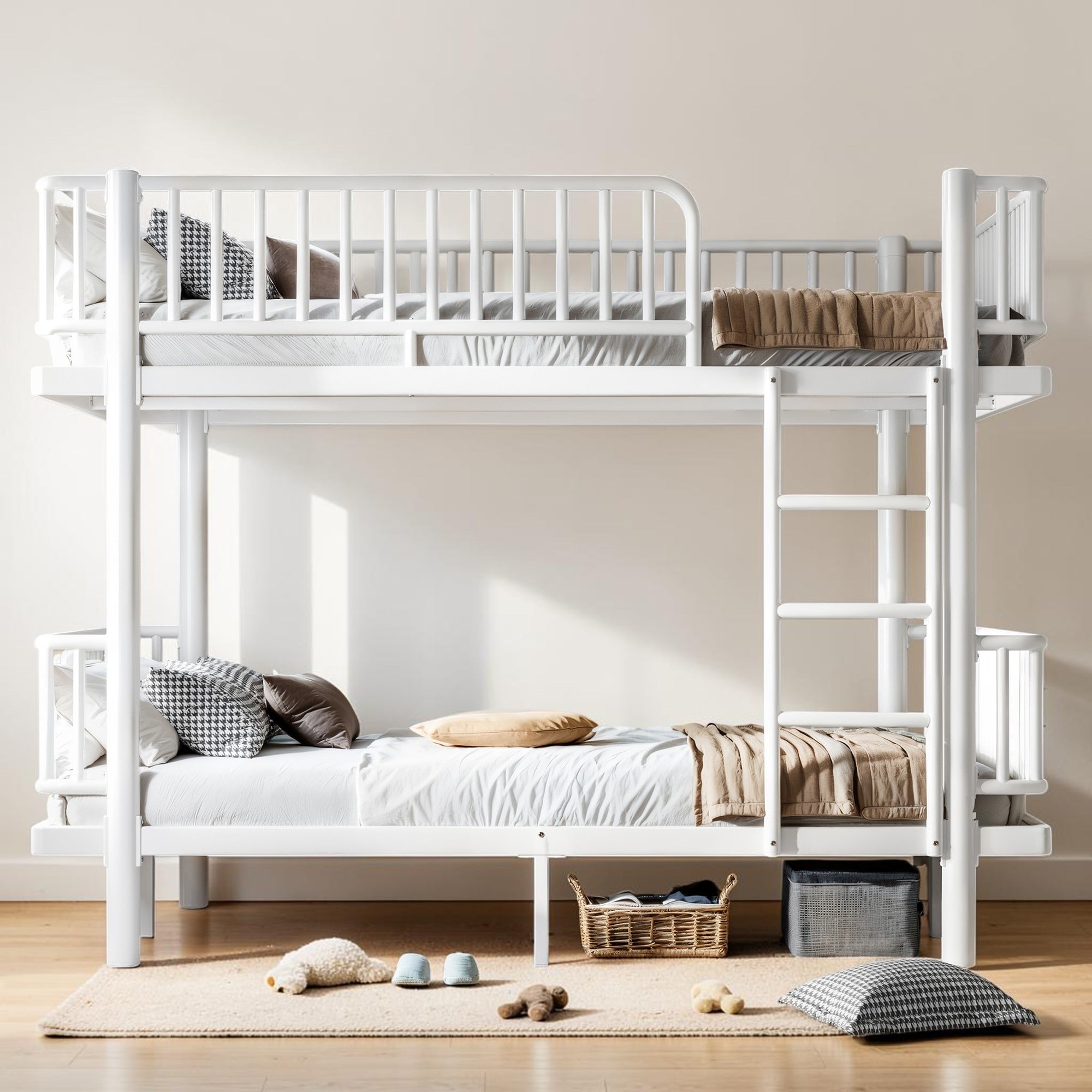 Metal Bunk Bed With Guardrails And Ladder Convertible Into 2 Platform Beds Heavy Duty Frame