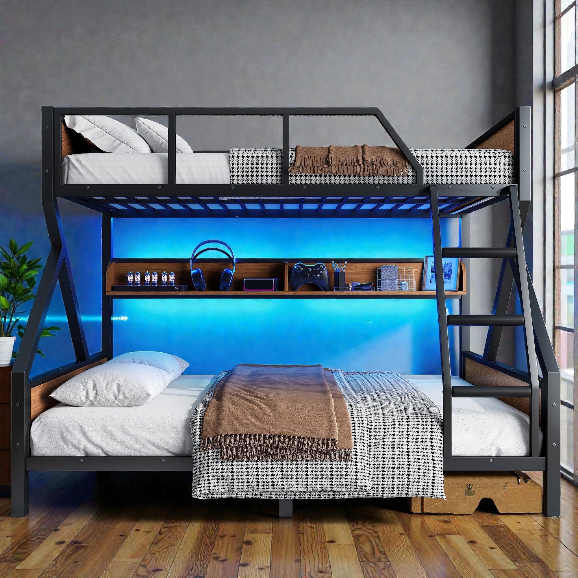 Metal Bunk Bed With Storage Shelves And Led Lights Space Saving Noise Free Bunk Bed Frame With Guardrails