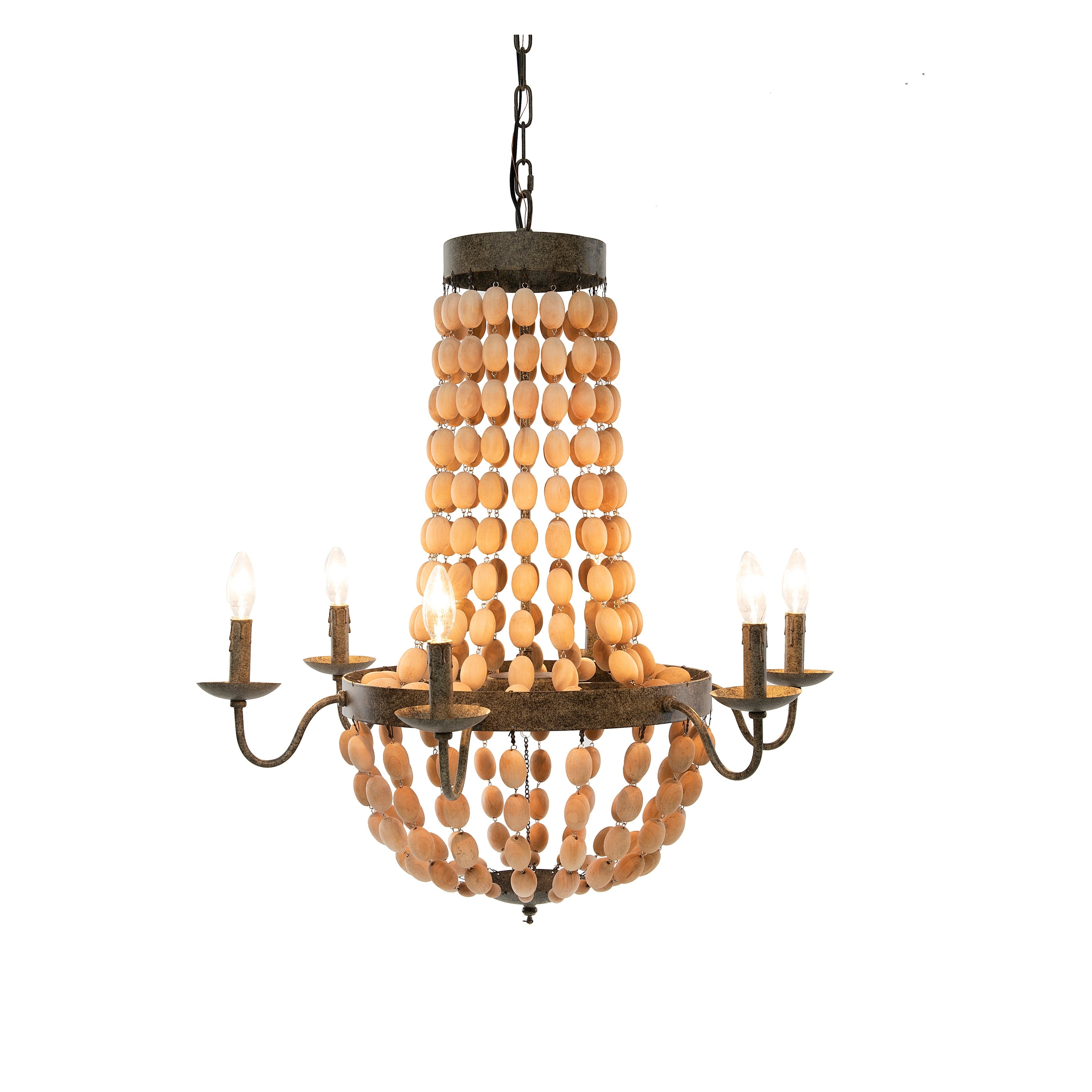 Metal Chandelier With Wood Beads 6 Lights