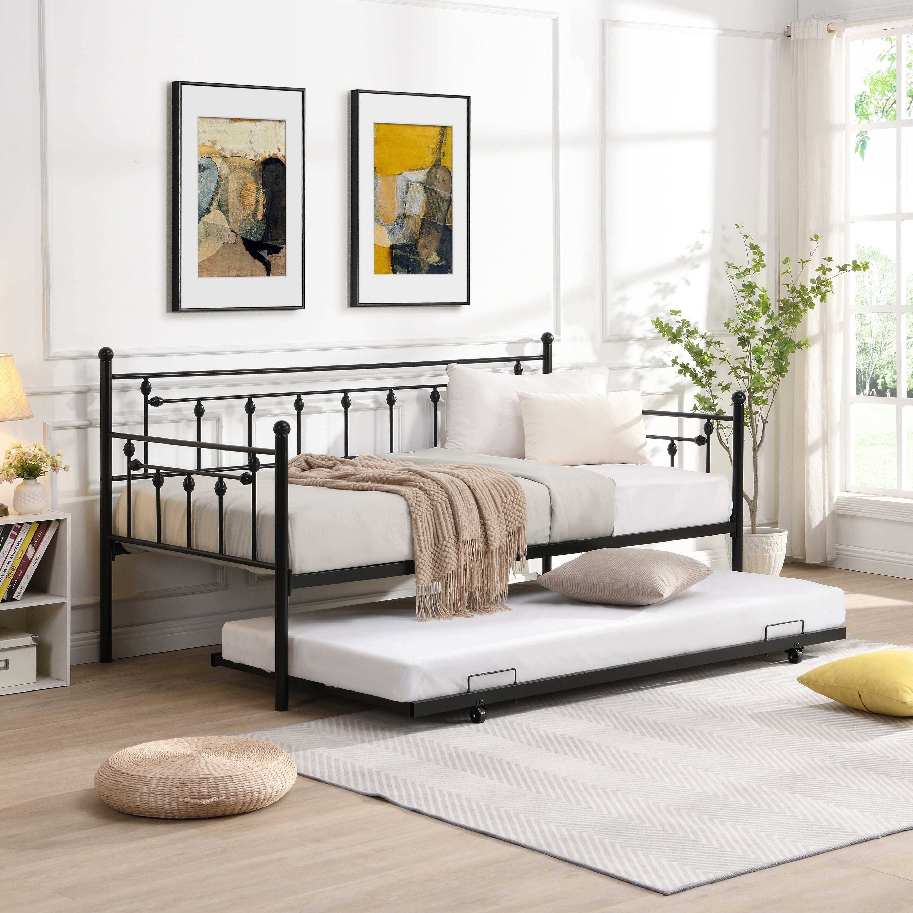 Metal Daybed Frame With Trundle Twin Size Heavy Duty Steel Slats Support Platform Furniture