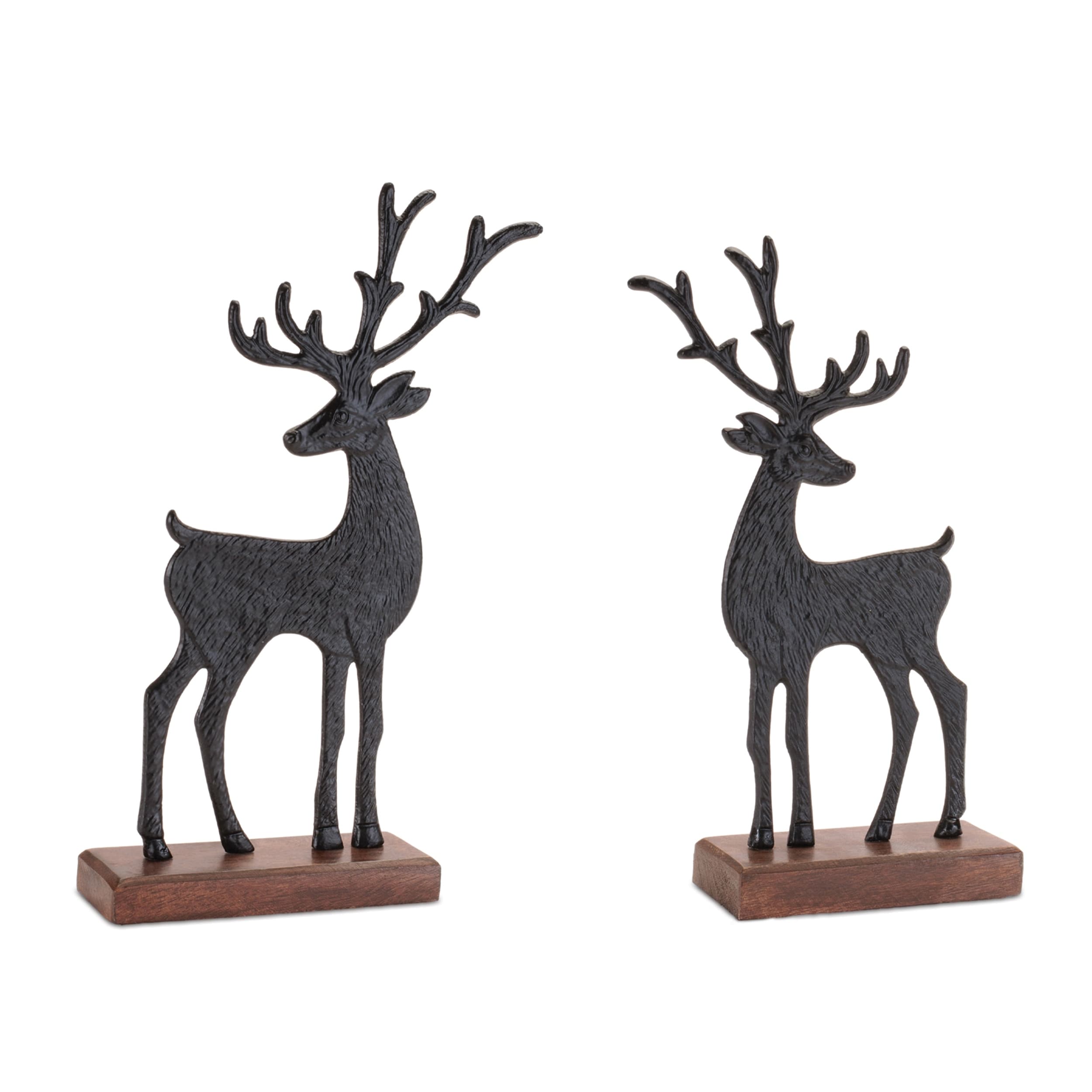 Metal Deer Figurines On Wood Base Set Of 2