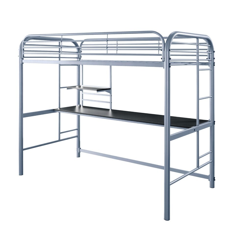Metal Frame Twin Size Loft Bed With 2 Attached Ladders Silver
