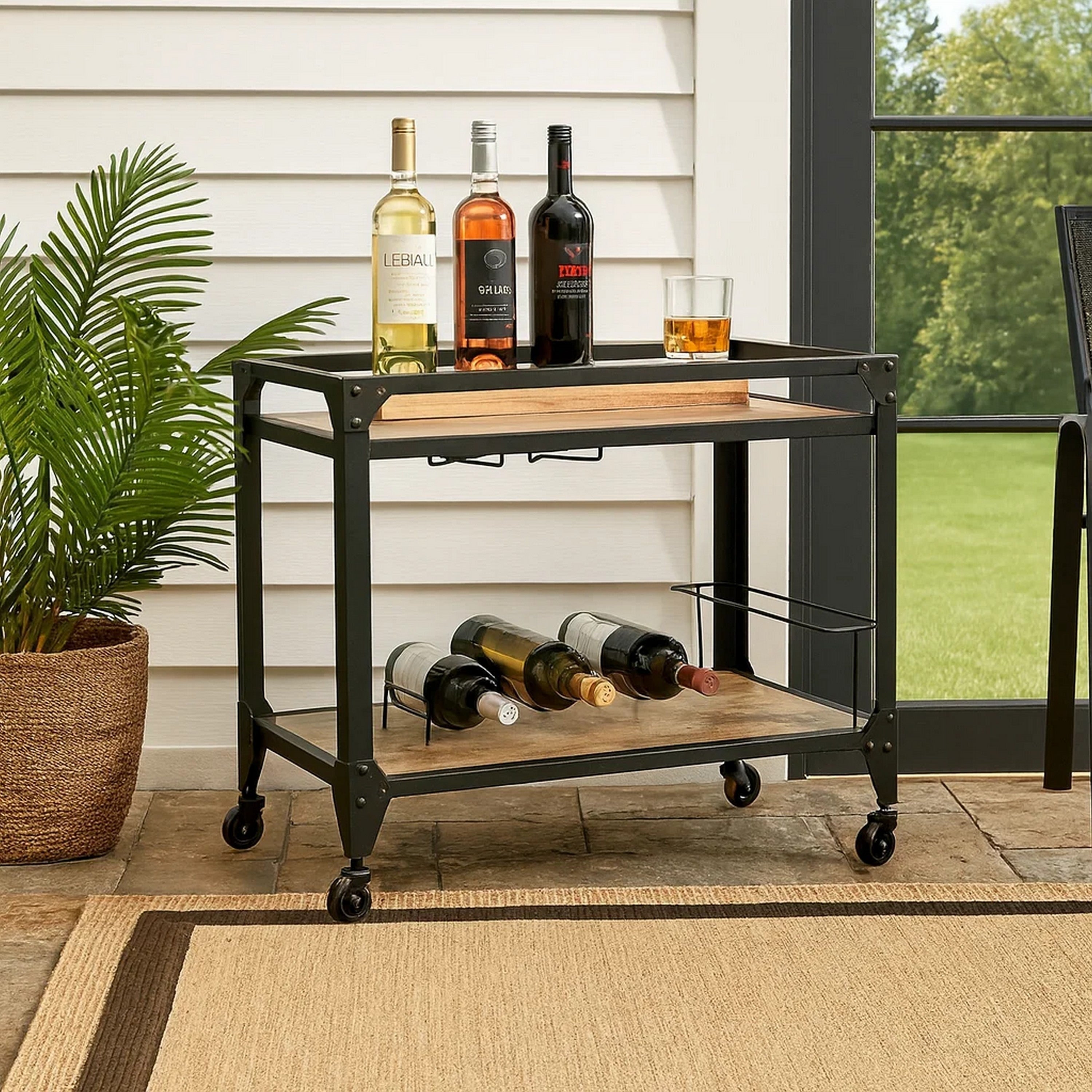 Metal Framed Serving Cart With Wooden Shelves With Wine Bottle Holder Brown And Gray