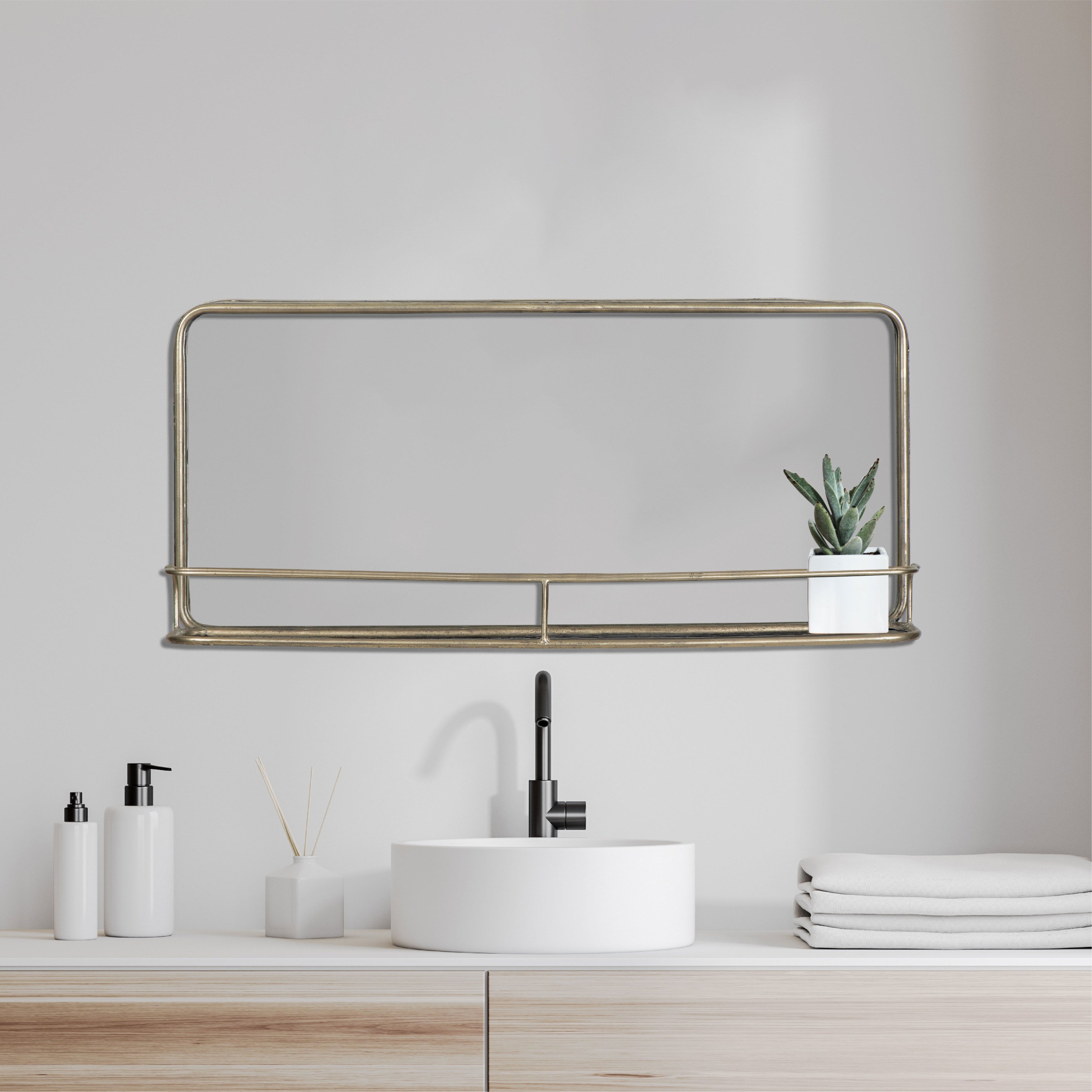 Brass Metal Framed Mirror With Shelf