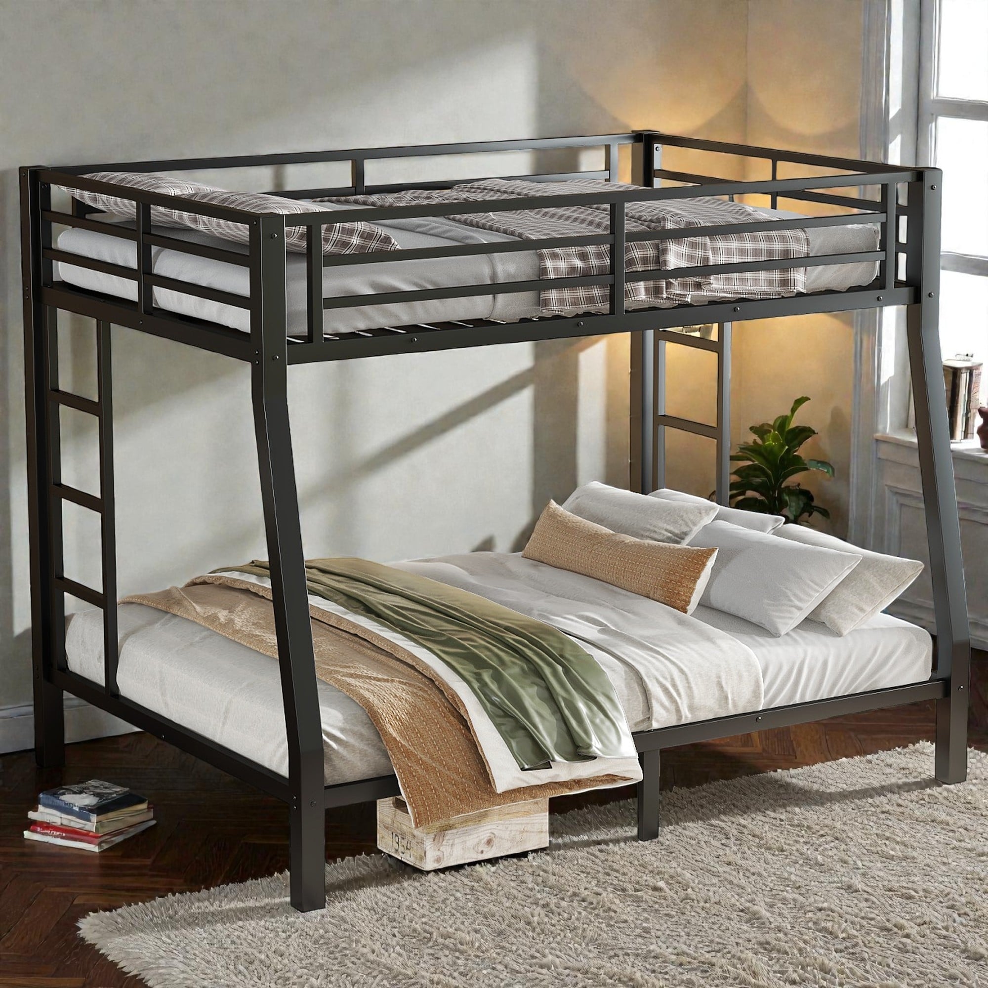 Metal Full Xl Over Queen Bunk Bed For Teens And Adults Heavy Duty Frame Noise Reduced Design No Box Spring Needed