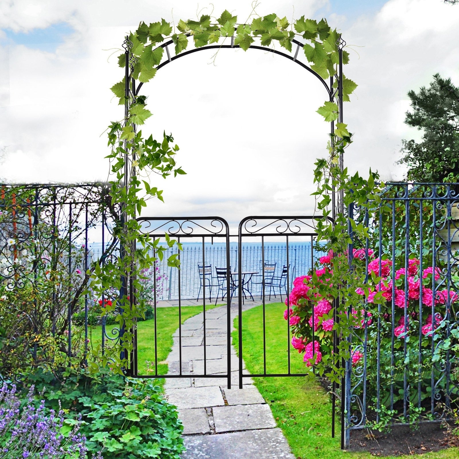 Metal Garden Arbor With Gate Outdoor Trellis With Latched Doors For Climbing Plant