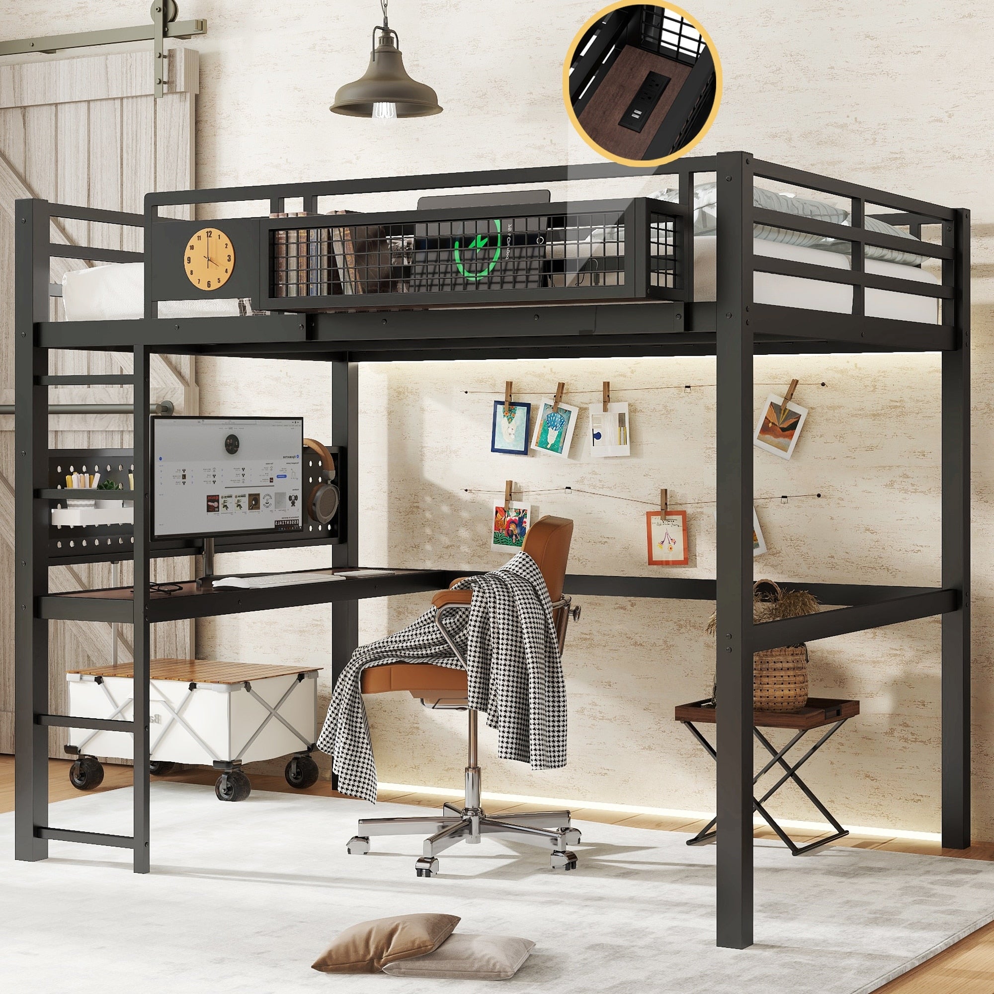 Metal Loft Bed With Desk Storage Basket Includes Alarm Clock Charging Port Queen Full Twin Xl