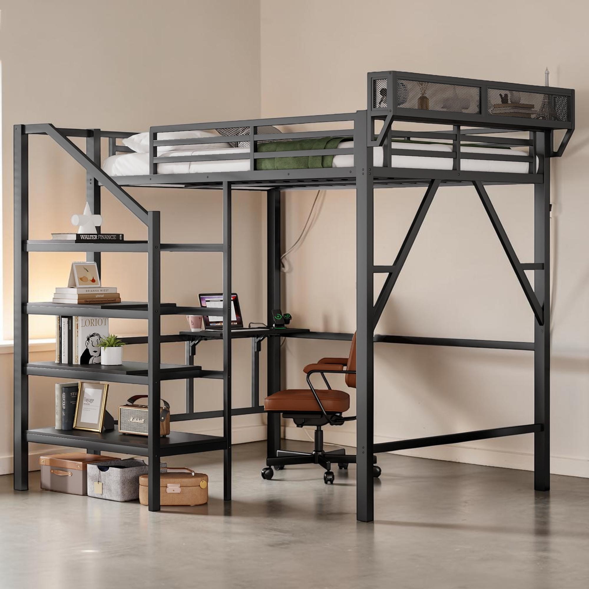 Metal Loft Bed With Foldable Desk Led Light Charging Station Staircase Storage Mesh Guardrail