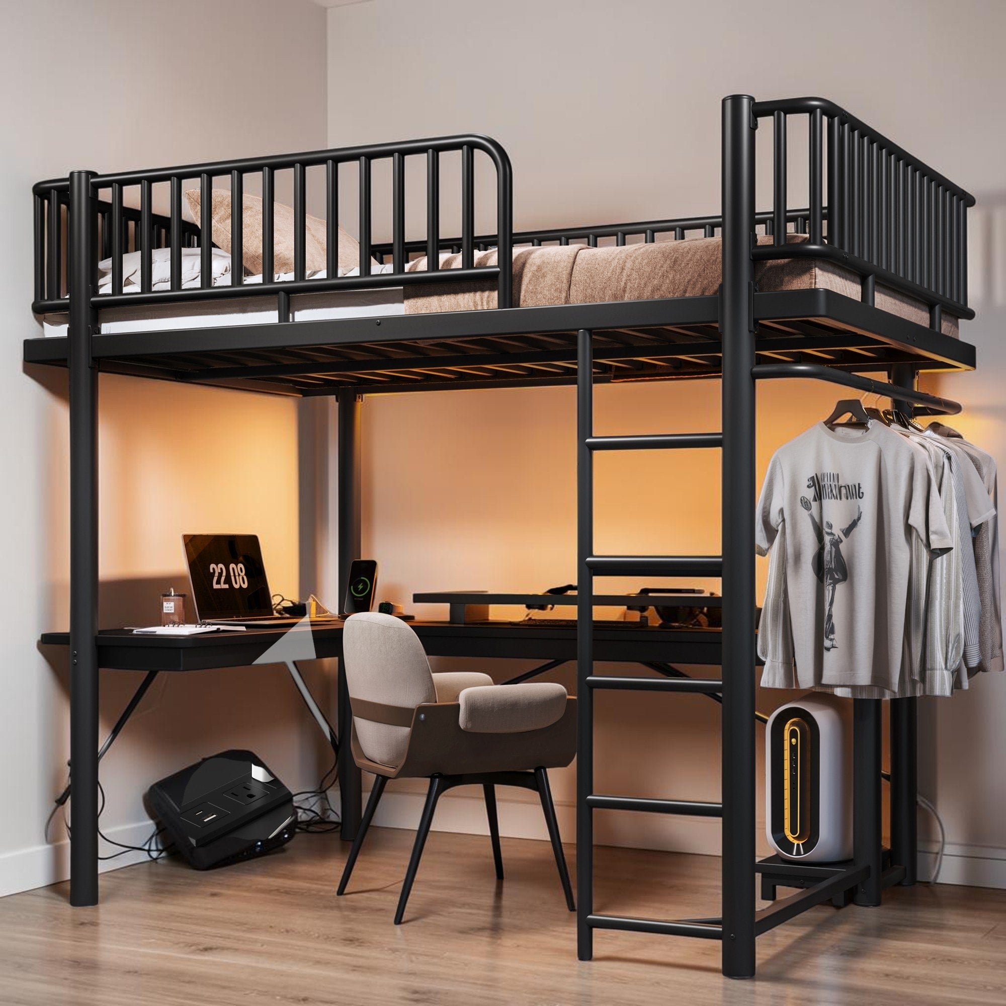 Metal Loft Bed With L Shaped Desk Led Lights And Charging Station Space Saving Loft Bed Frame