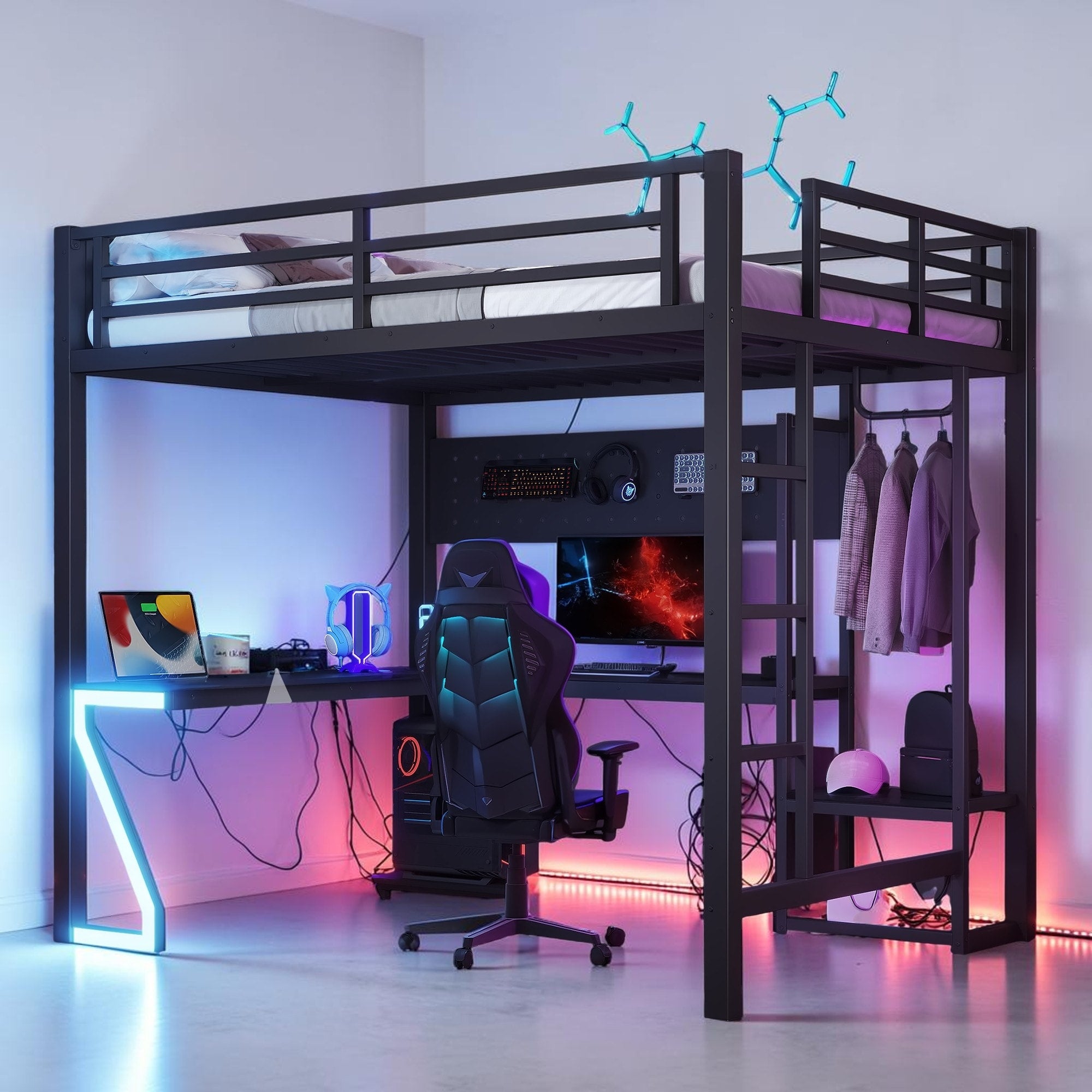 Metal Loft Bed With L Shaped Desk Usb Ports Computer Tray And Gaming Z Shaped Led Lights