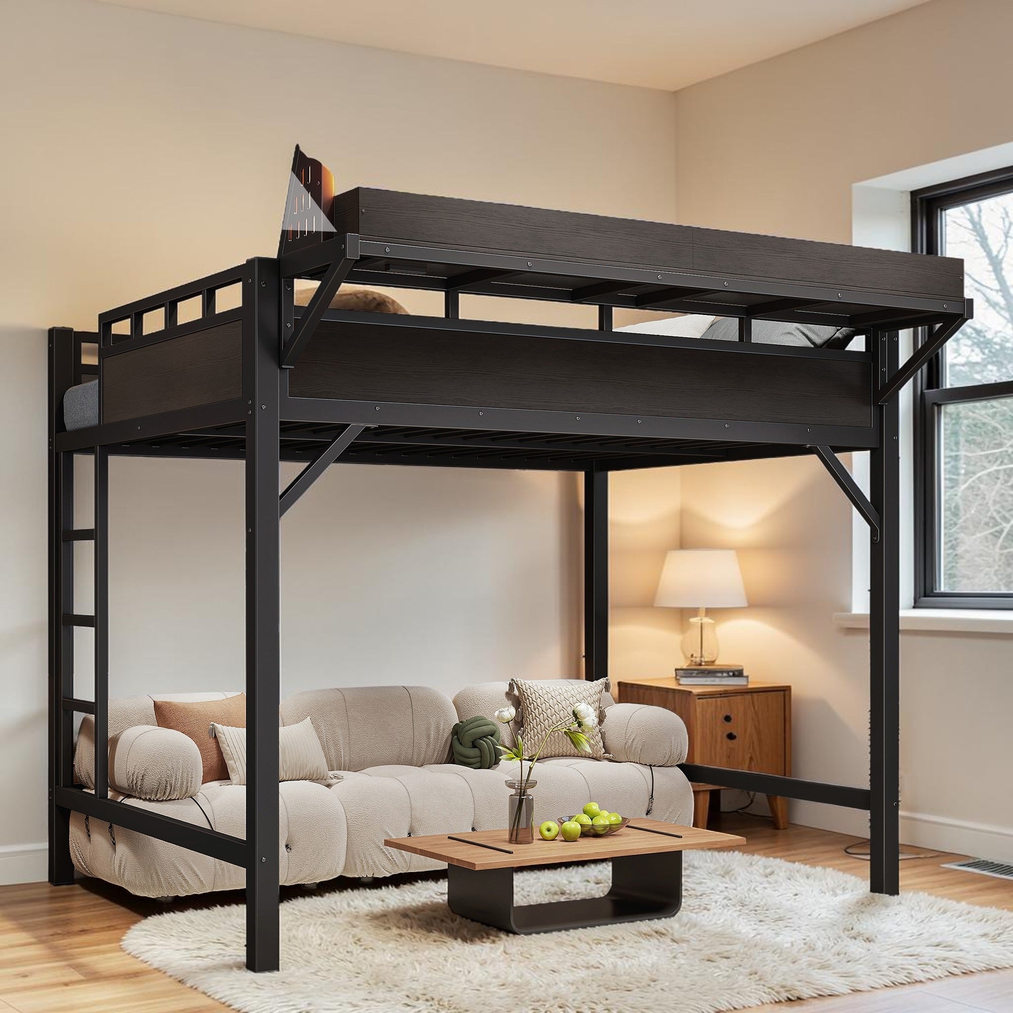Metal Loft Bed With Storage Shelves Pegboard Usb Ports And Led Lights Space Saving Loft Bed Frame