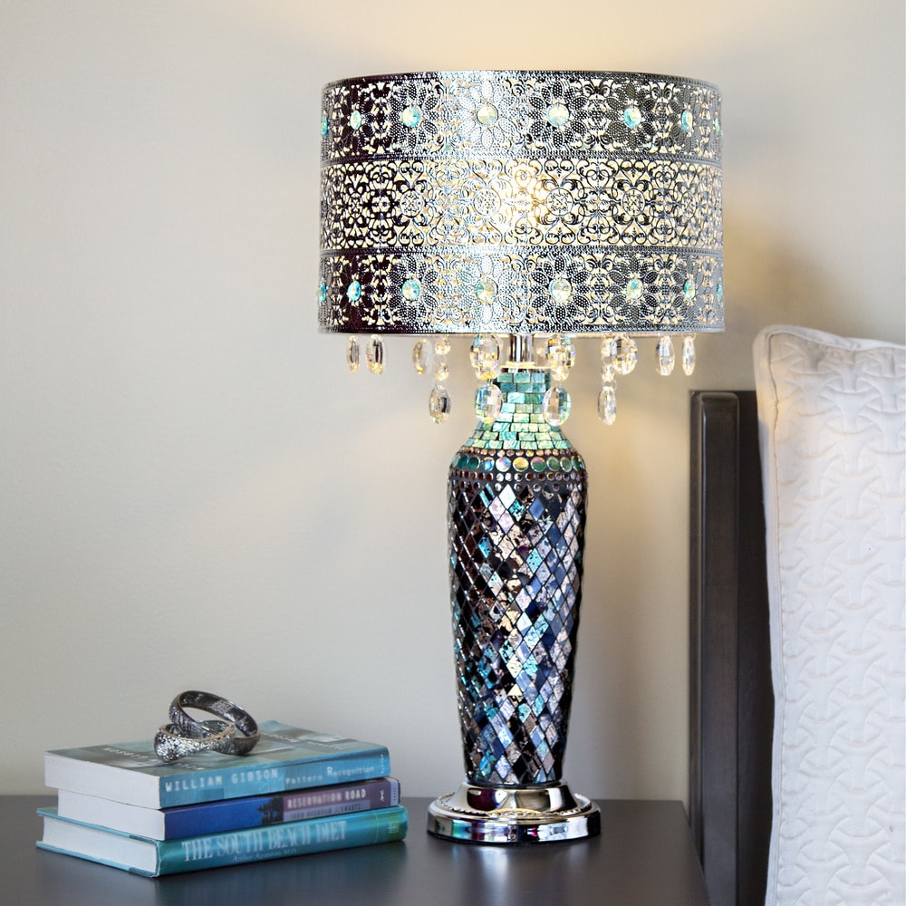 Metal Mosaic Hanging Glass Crystals Silver 24.25 Inch High Table Lamp