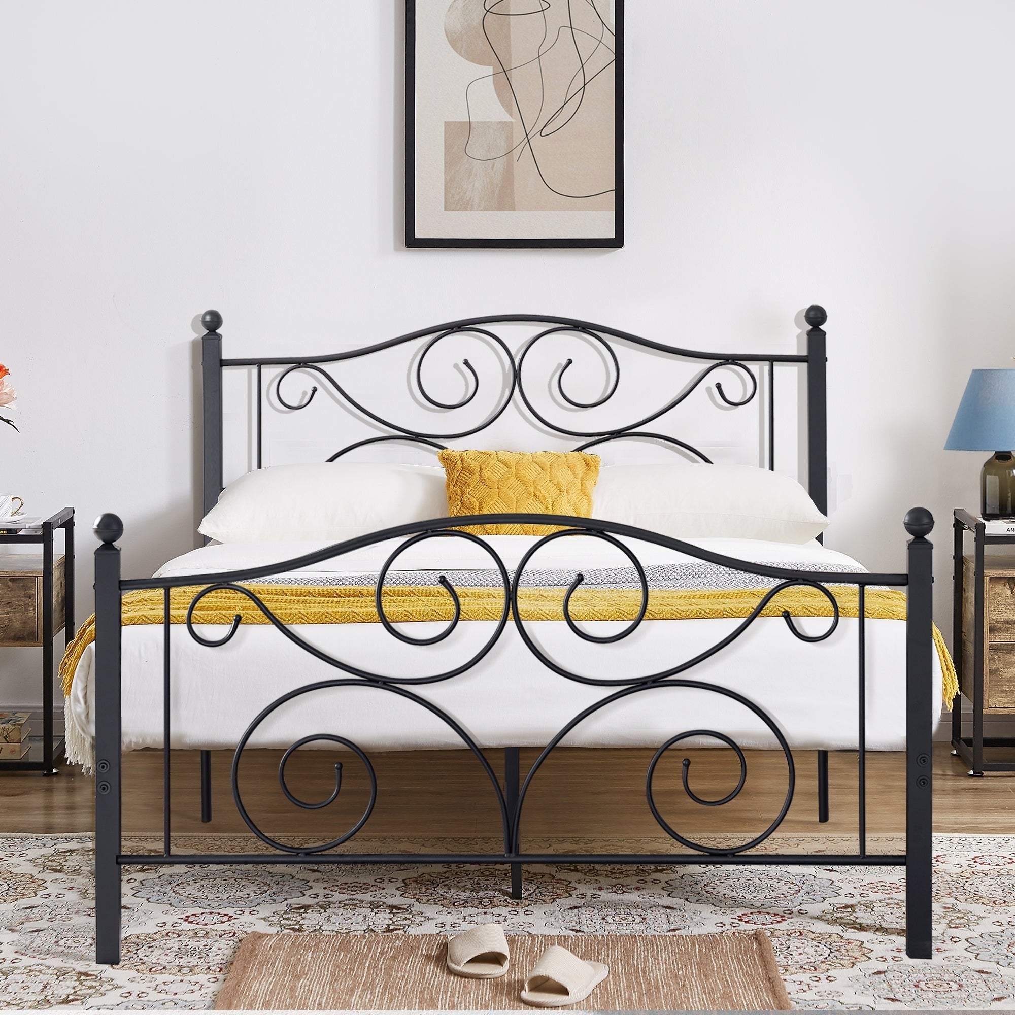 Vecelo Metal Bed Frame Platform Scroll Headboards Bedroom Furniture