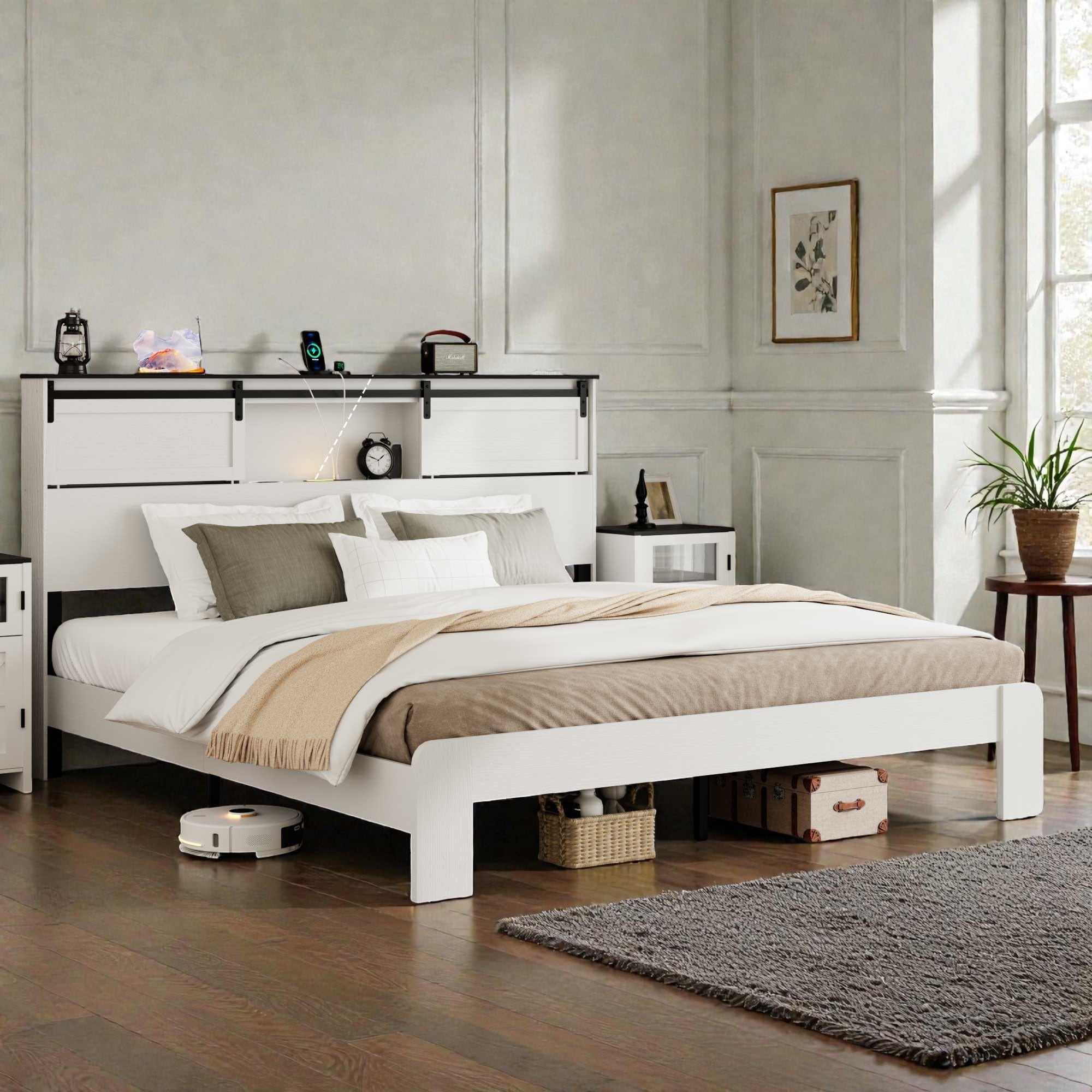 Metal Platform Bed Frame With Usb Ports And Storage Headboard Noise Free Design White Queen King Bed Frame