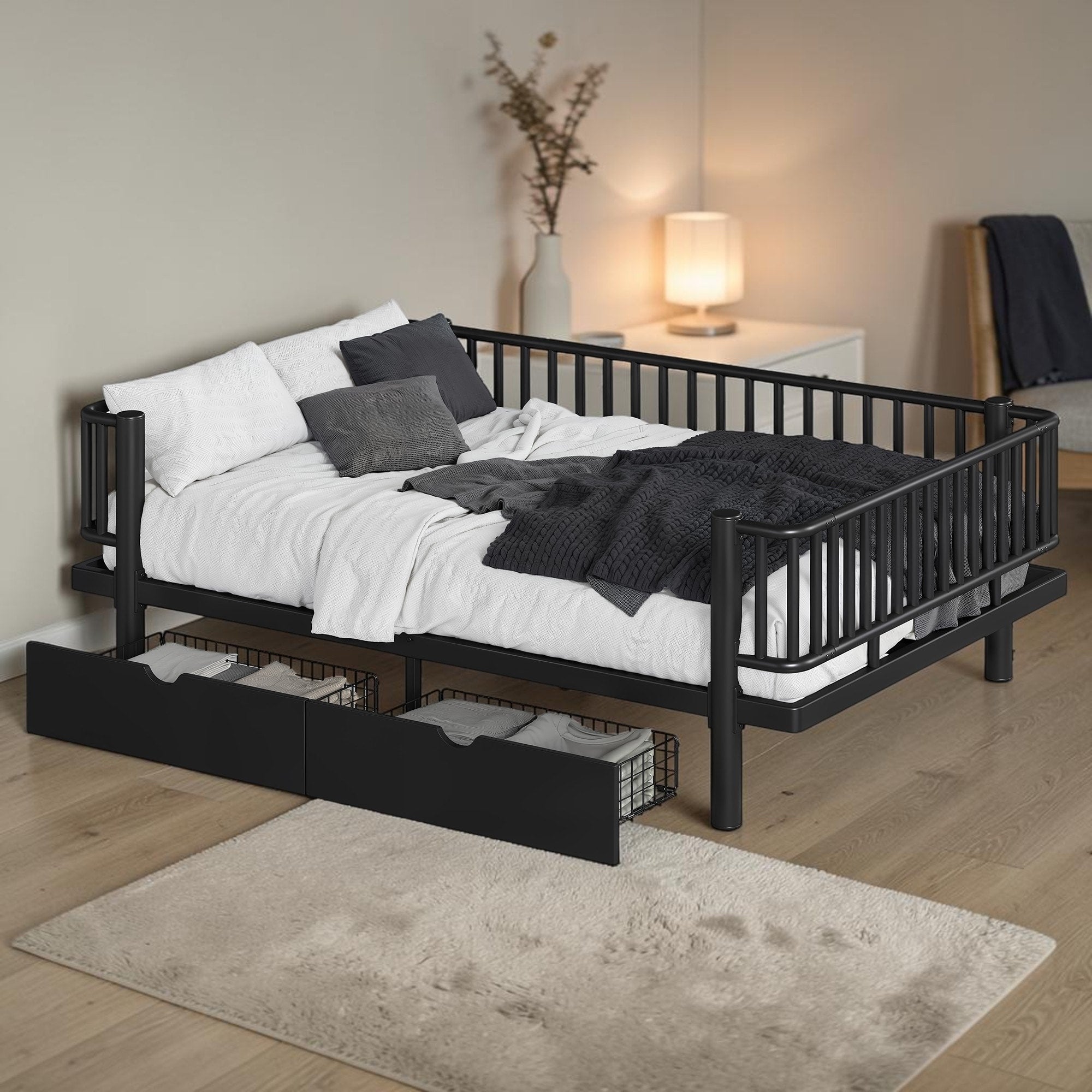 Metal Platform Bed With Storage Drawers Low Profile Daybed Frame With Round Pipe Safety Design