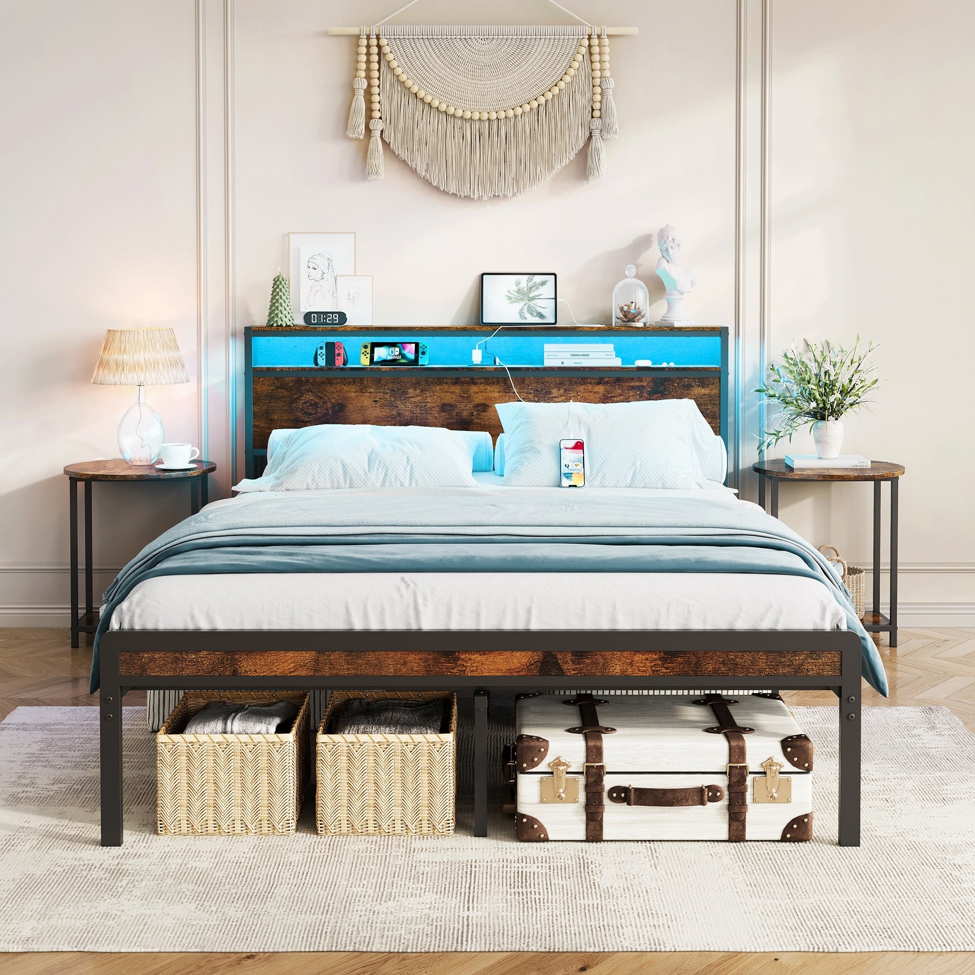 Metal Platform Bed With Storage Shelf Headboard Led Lights Charging Station Noise Free No Box Spring Needed Antique Brown
