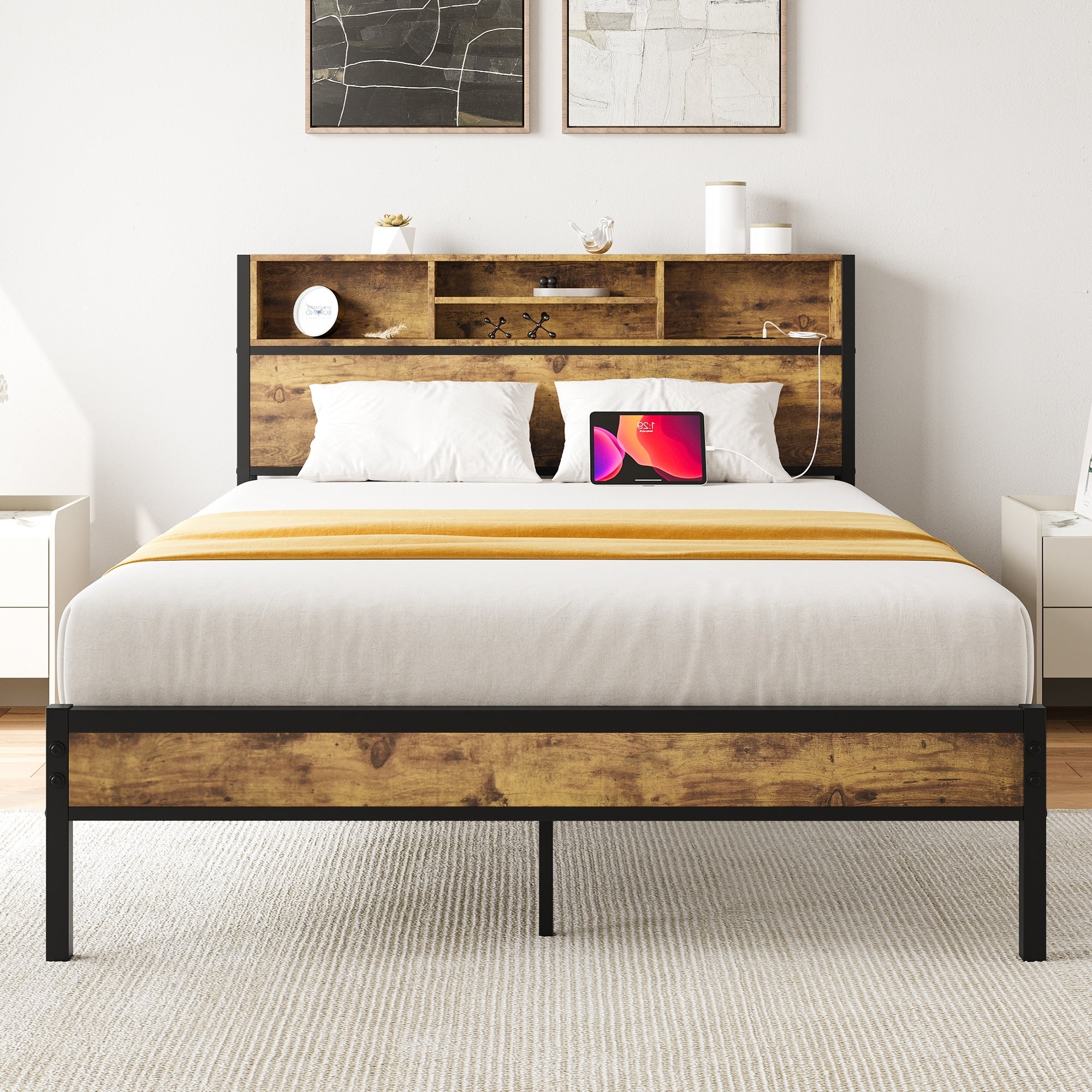 Metal Platform Full Size Bed Frame With Storage Headboard