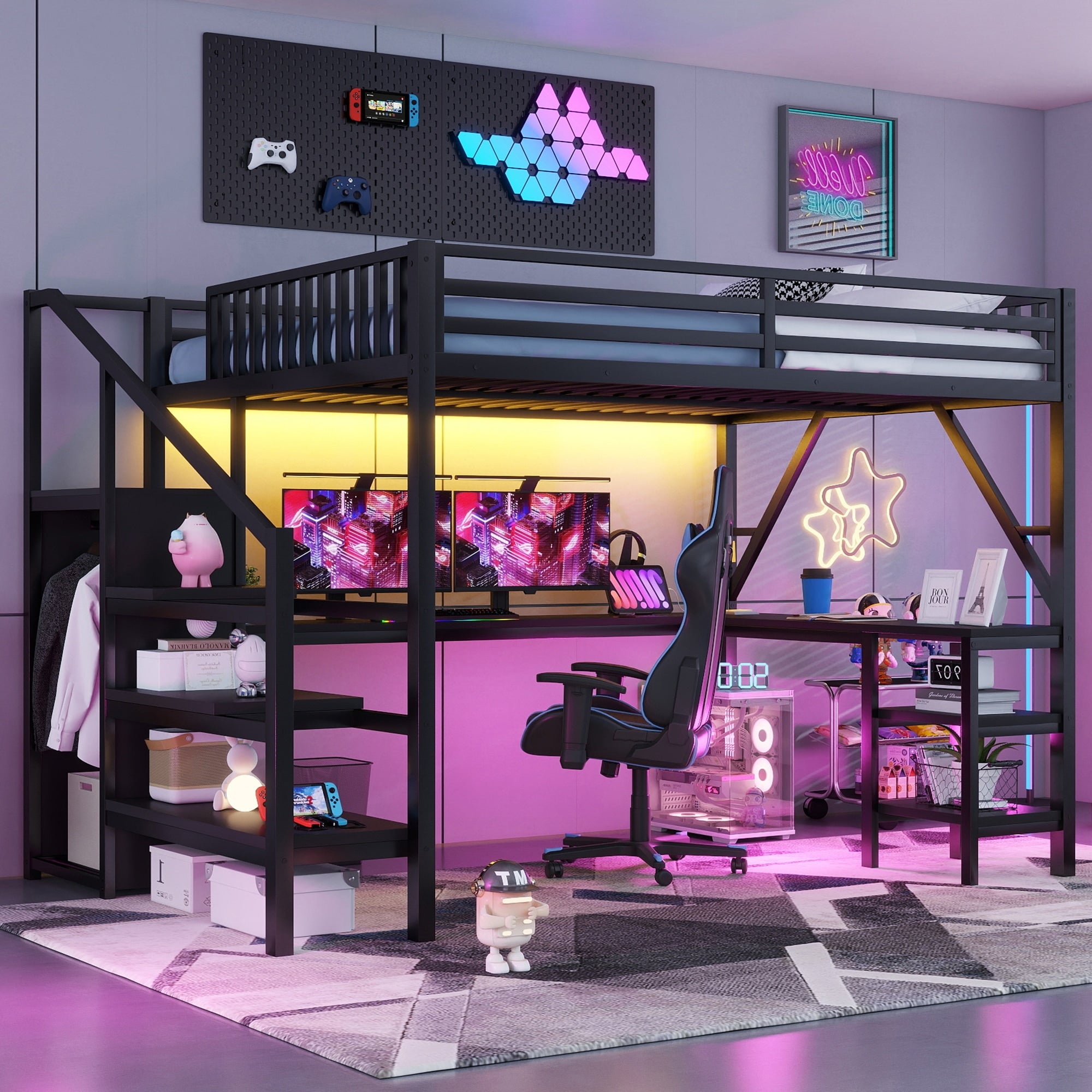 Metal Queen Loft Bed With Wardrobe And Led Light Queen Size Loft Bed With L Shaped Desk And Usb For Kids Teens Adults