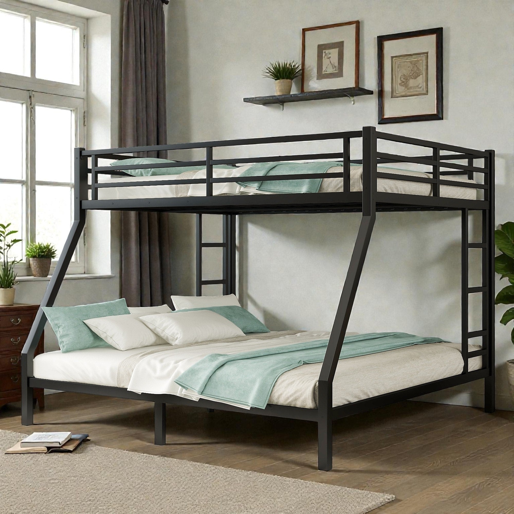 Metal Queen Over King Bunk Bed For Teens And Adults Noise Reduced Heavy Duty Bunk Bed No Box Spring