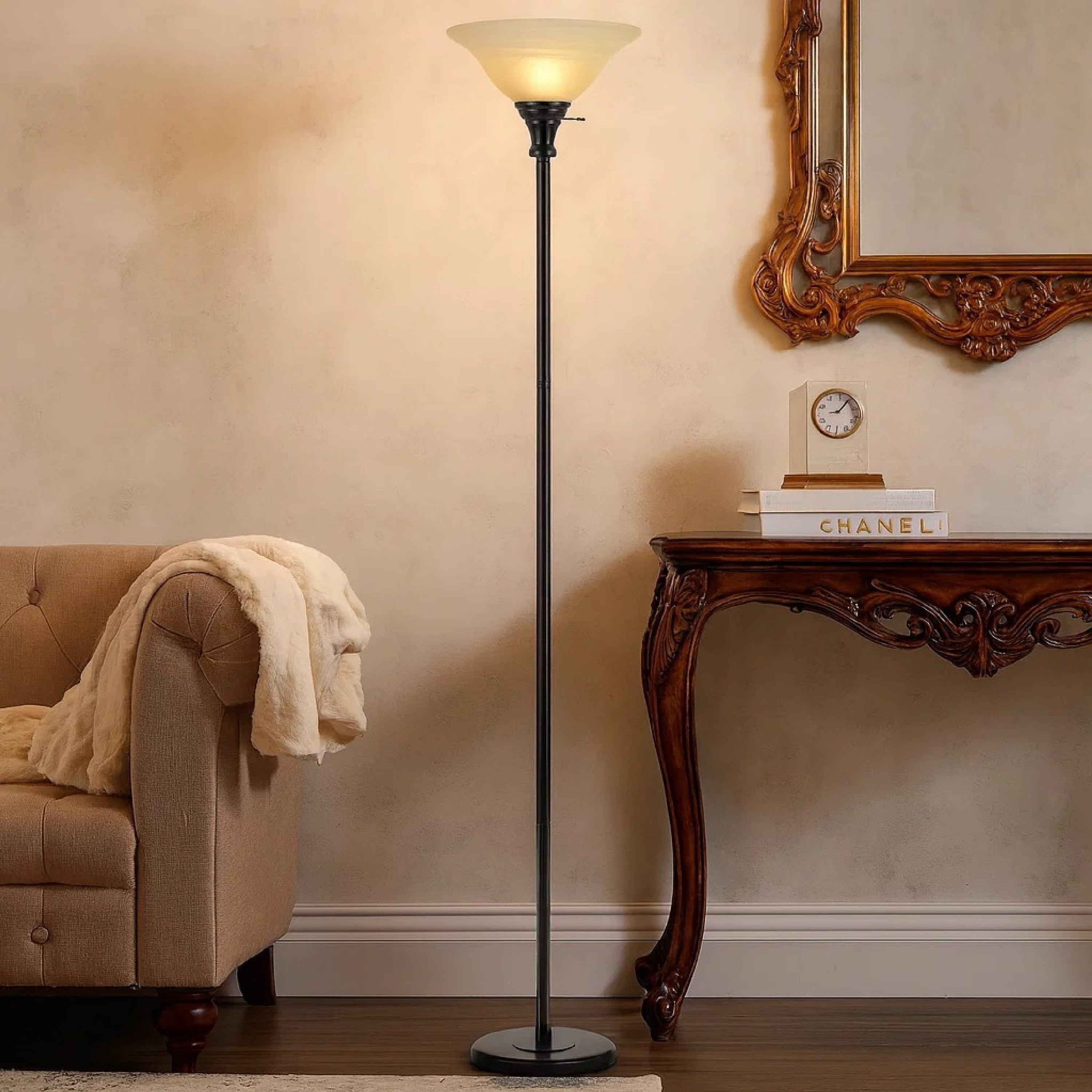 Metal Round 3 Way Torchiere Lamp With Frosted Shade Dark Bronze And Gold