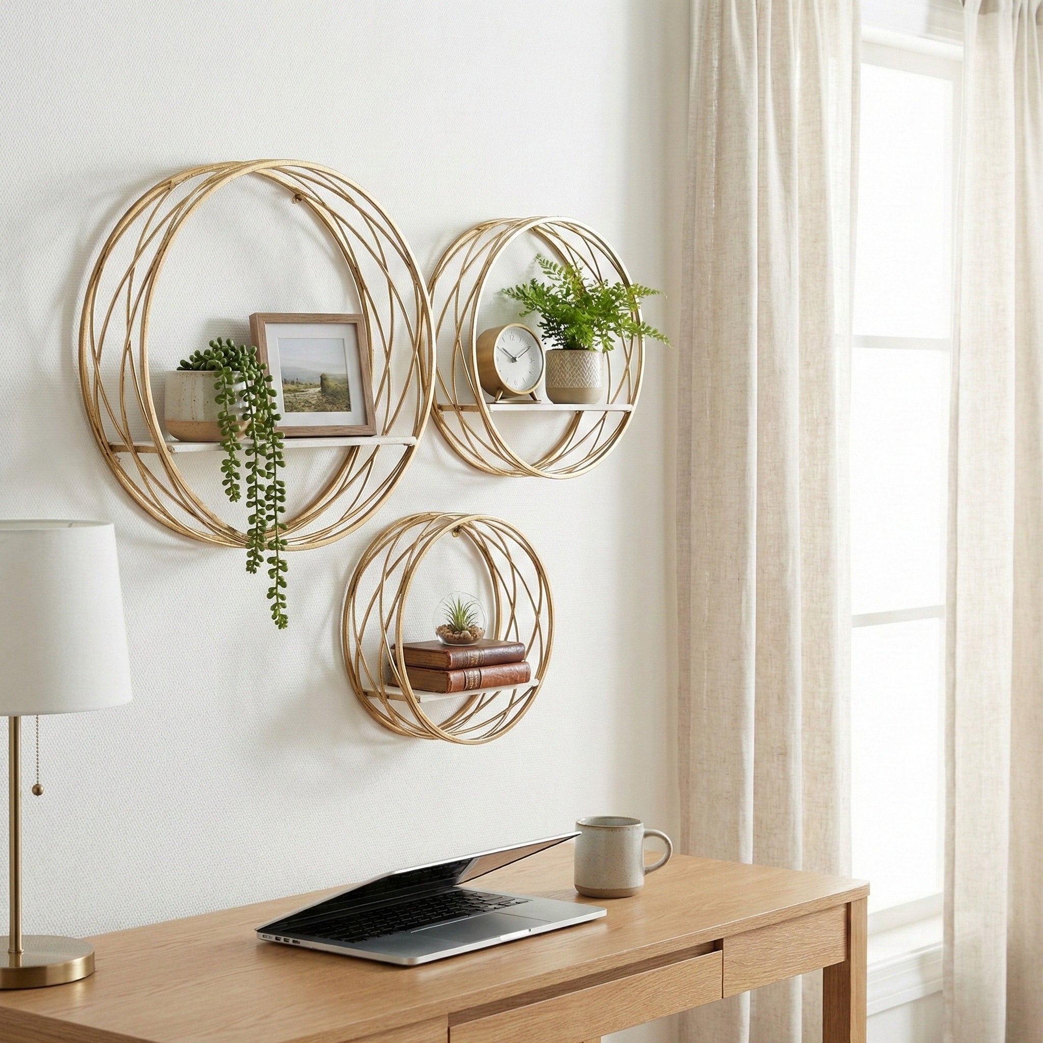Metal Round Wall Shelves White Gold Set Of 3