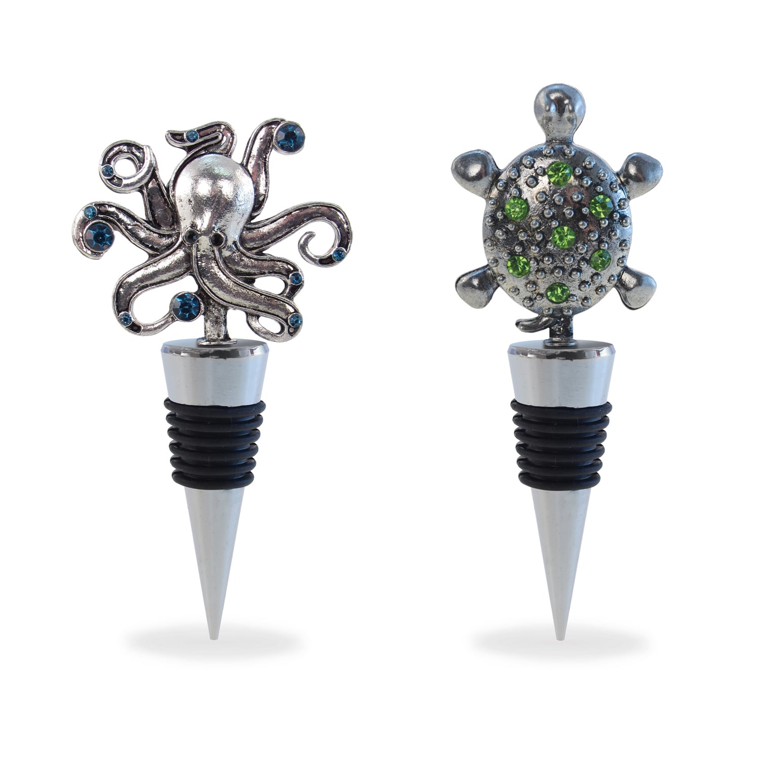 Puzzled Sea Turtle And Octopus Multicolor Metal Wine Stoppers Set Of 2