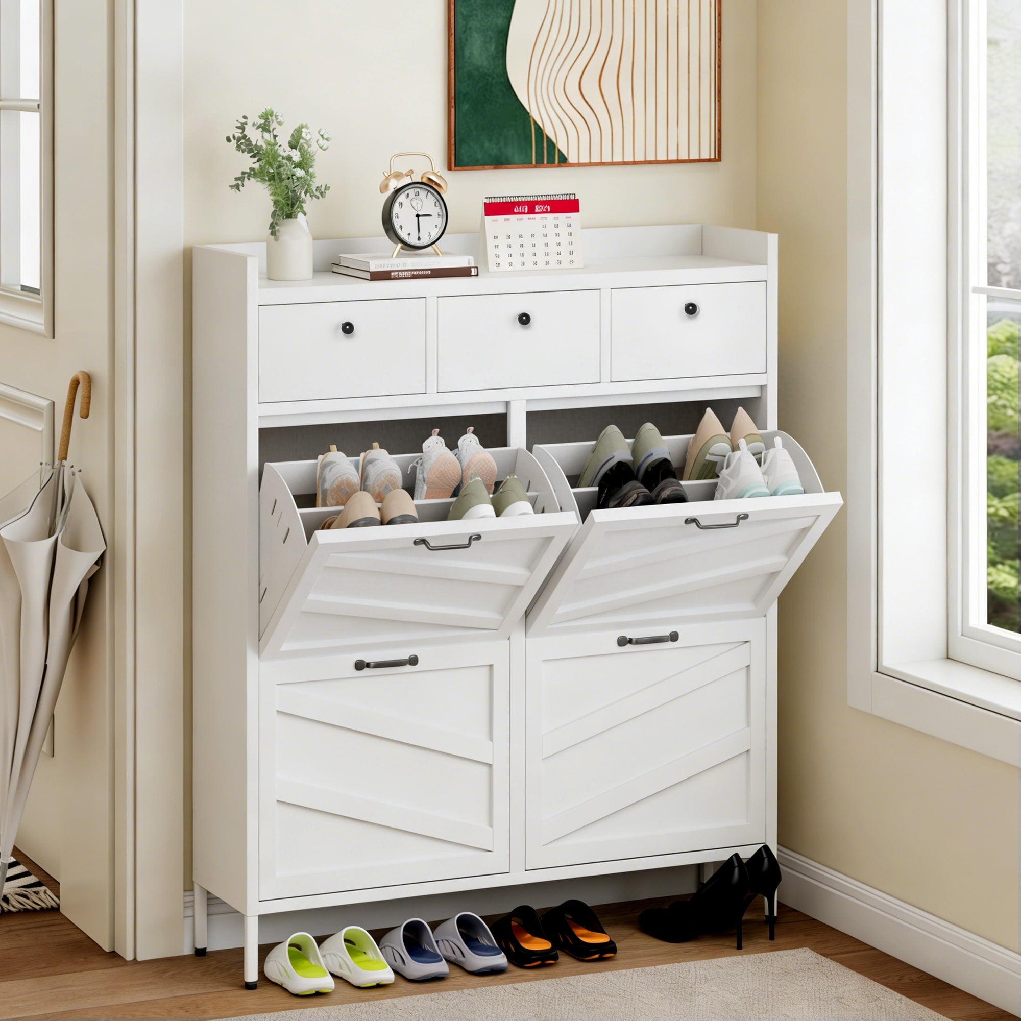 Metal Shoe Cabinet 4 Flip Drawers 3 Drawers 11.8 D Freestanding Steel Shoe Organizer Anti Tip Hidden Entryway Shoe Rack