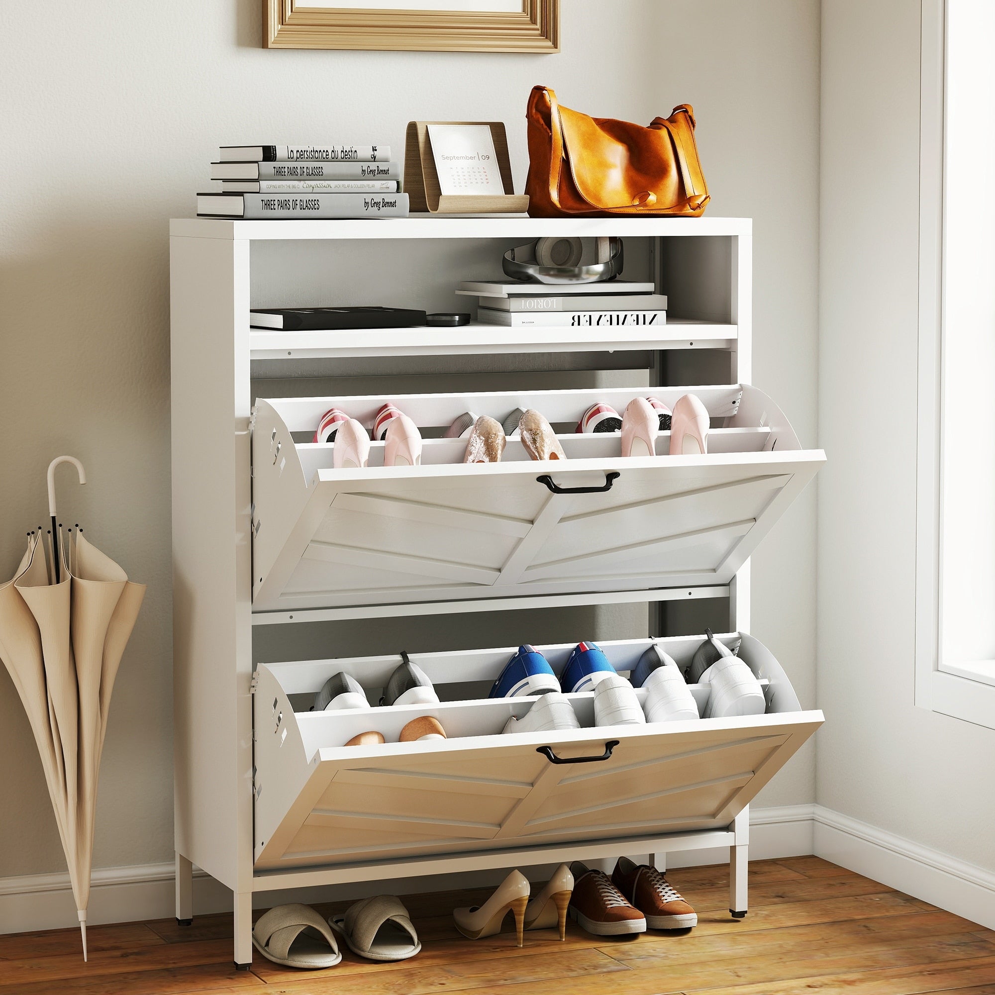 Metal Shoe Cabinet 2 Flip Drawers Open Storage Layer Rack 11.8 D Freestanding Steel Shoe Organizer Anti Tip Hidden Shoe Rack