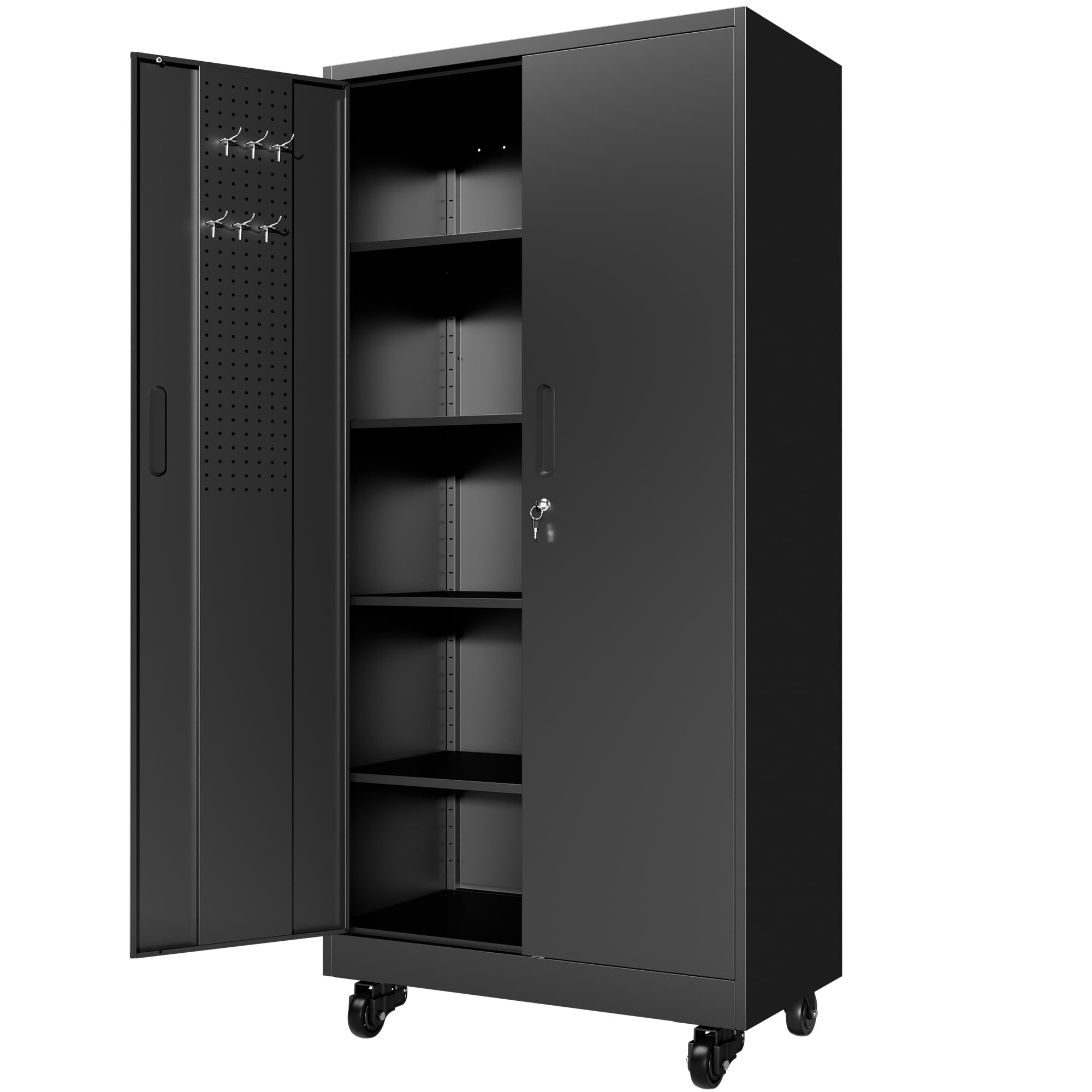 Metal Storage Cabinet With Doors And Wheels 71 H Cabinet With 4 Adjustable Shelves Lockable Tool Cabinet With Pegboard 8 Hooks