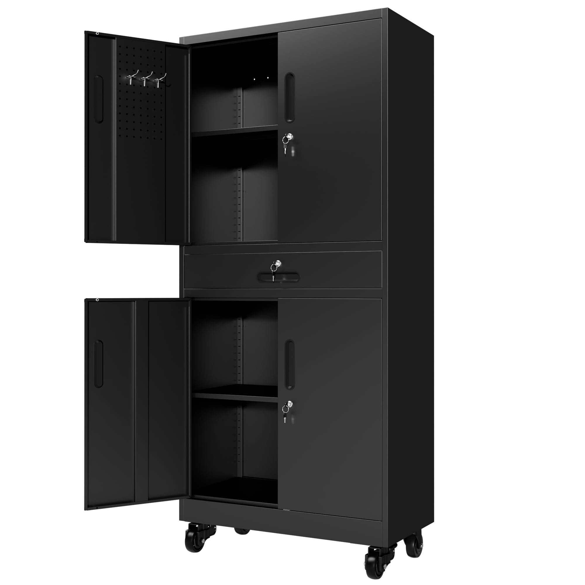 Metal Storage Cabinet With Drawer 71 Cabinet With Locking Doors And 2 Adjustable Shelves 8 Hooks Rolling Wheels