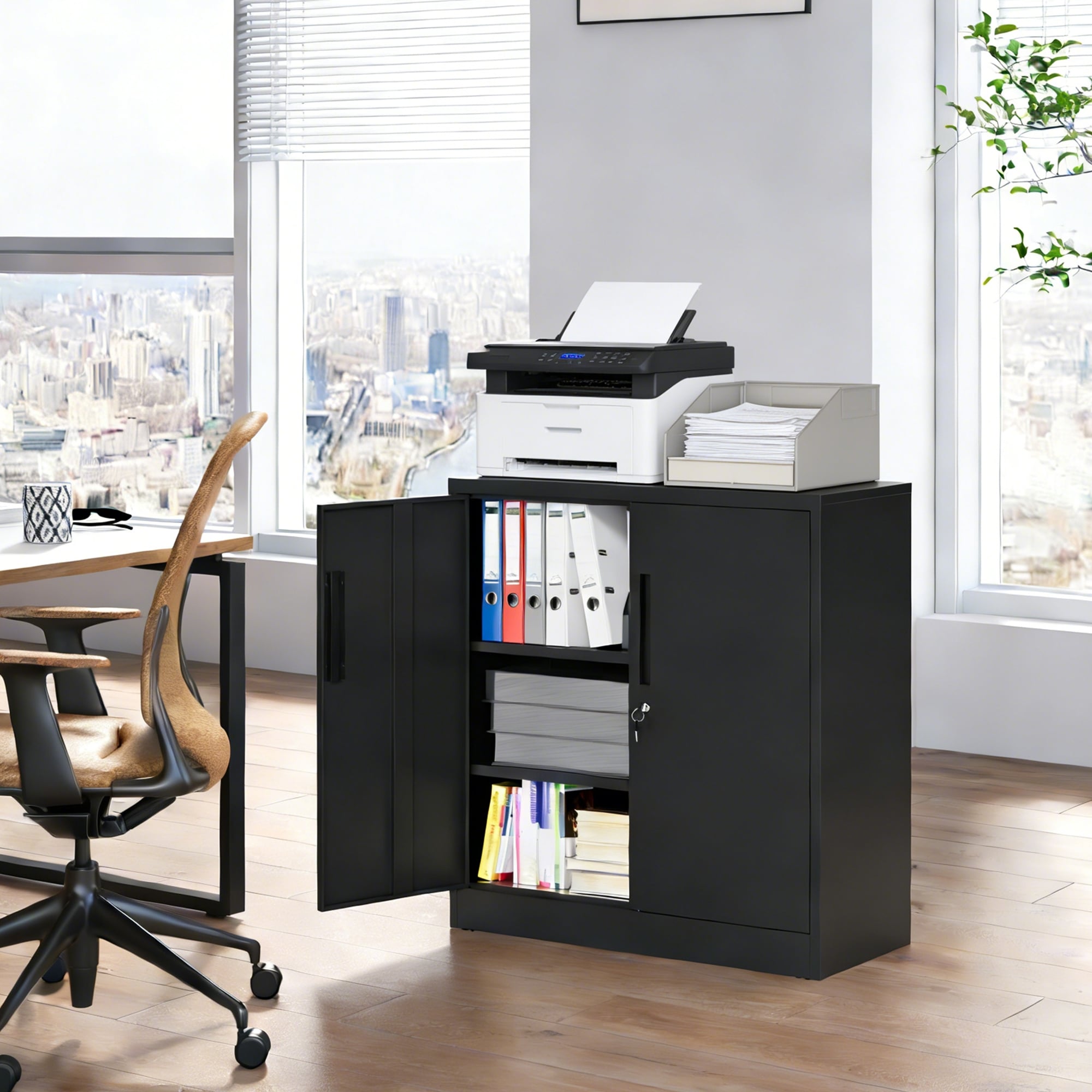Metal Storage Cabinet With Lock 2 Door Garage Storage Cabinet With 2 Adjustable Shelves Heavy Duty Steel File Cabinet