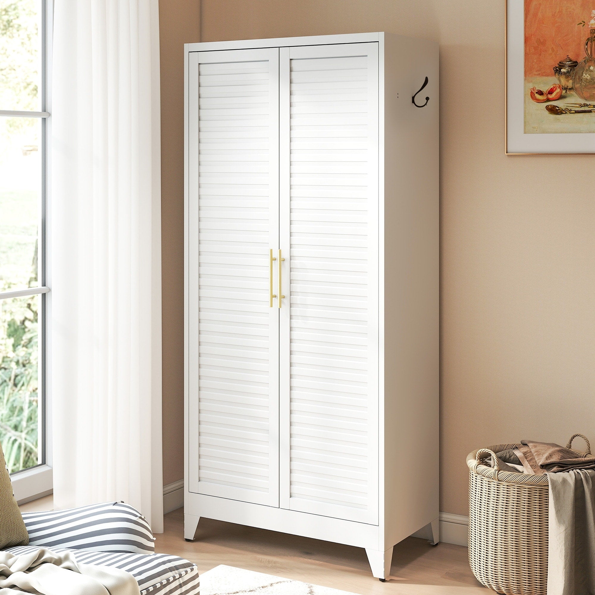Metal Wardrobe Closet With 2 Doors 71 H Portable Storage Cabinet For Bedroom Lightweight Closet Cold Rolled Steel