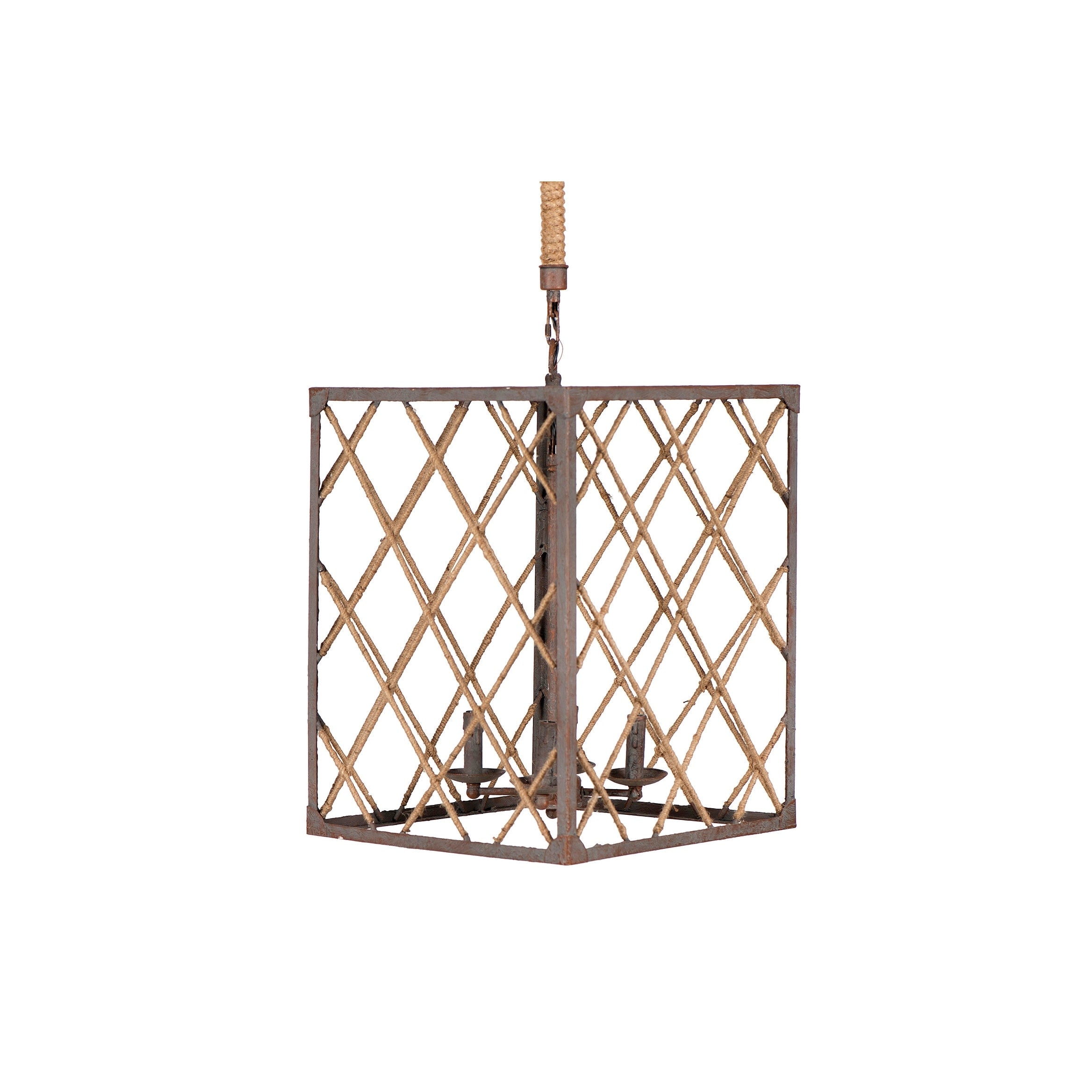 Rectangle Metal Jute Rope Pendant Light With 4 Lights Rust