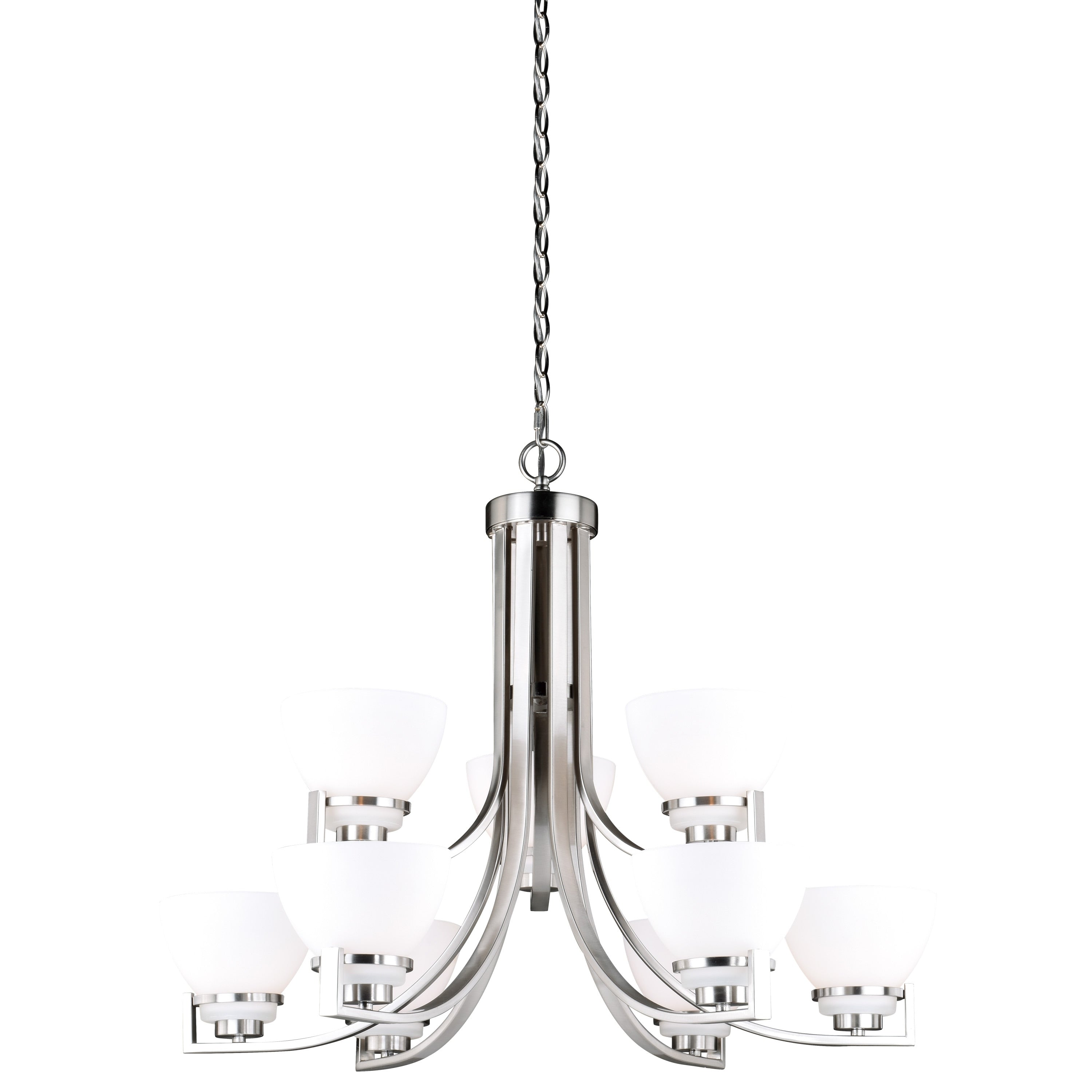 Metropolis 9 Light 2 Tier Satin Nickel Chandelier White Glass 32 In W X 25.5 In H X 32 In D