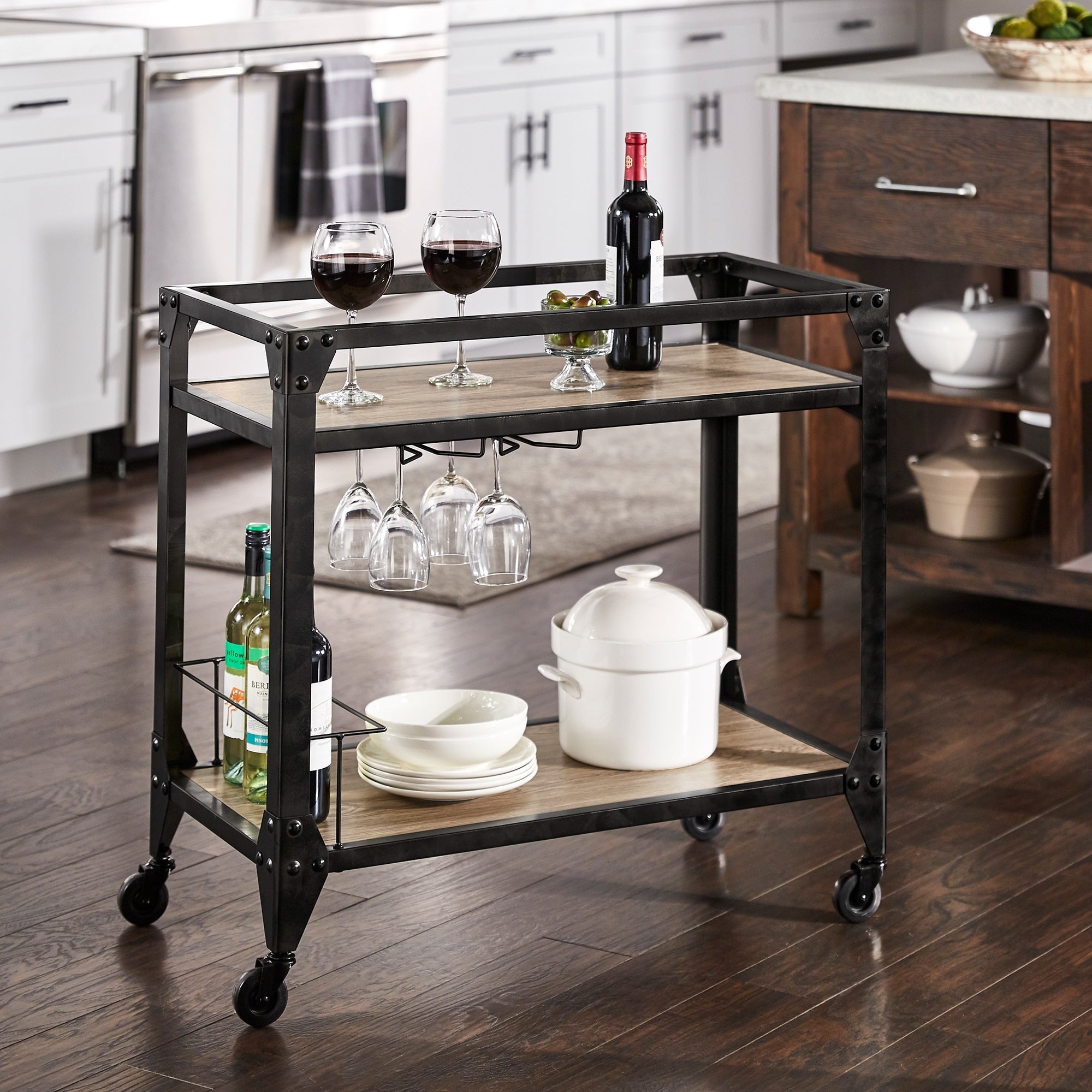 Metropolitan Charcoal Grey Industrial Metal Mobile Bar Cart With Wood Shelves By Inspire Q Artisan