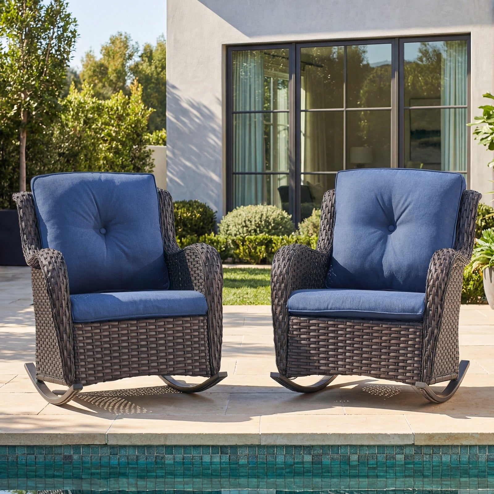 Meyreso 2 Piece Outdoor Wicker Rocking Chairs With 5 Inch Thick Cushions