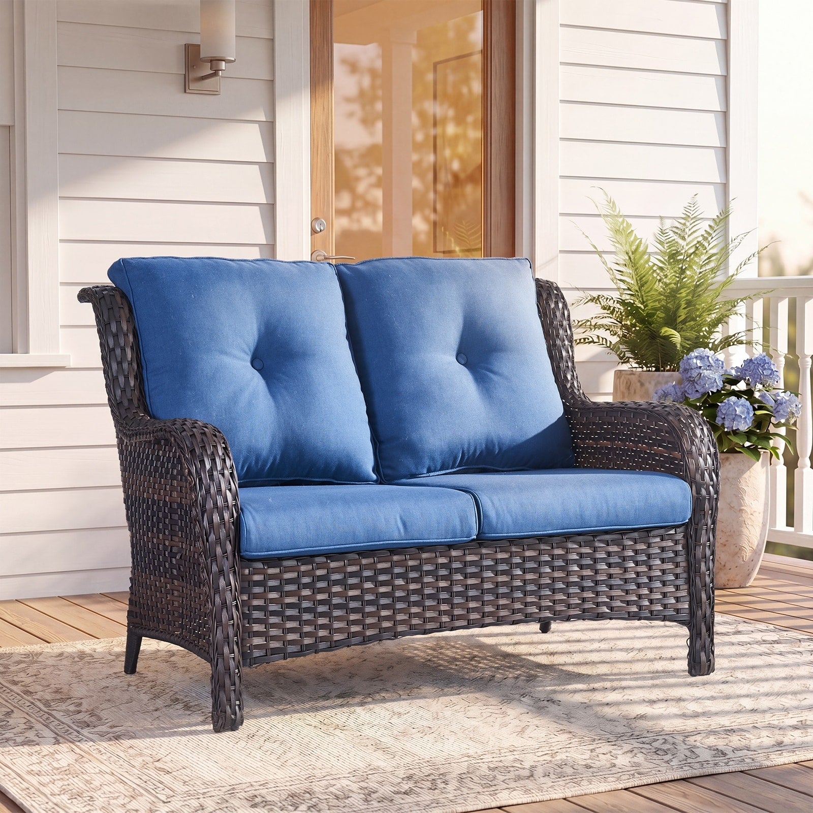 Meyreso 2 Seat Handwoven Wicker Patio Sofa With 4 Inch Thick Cushions