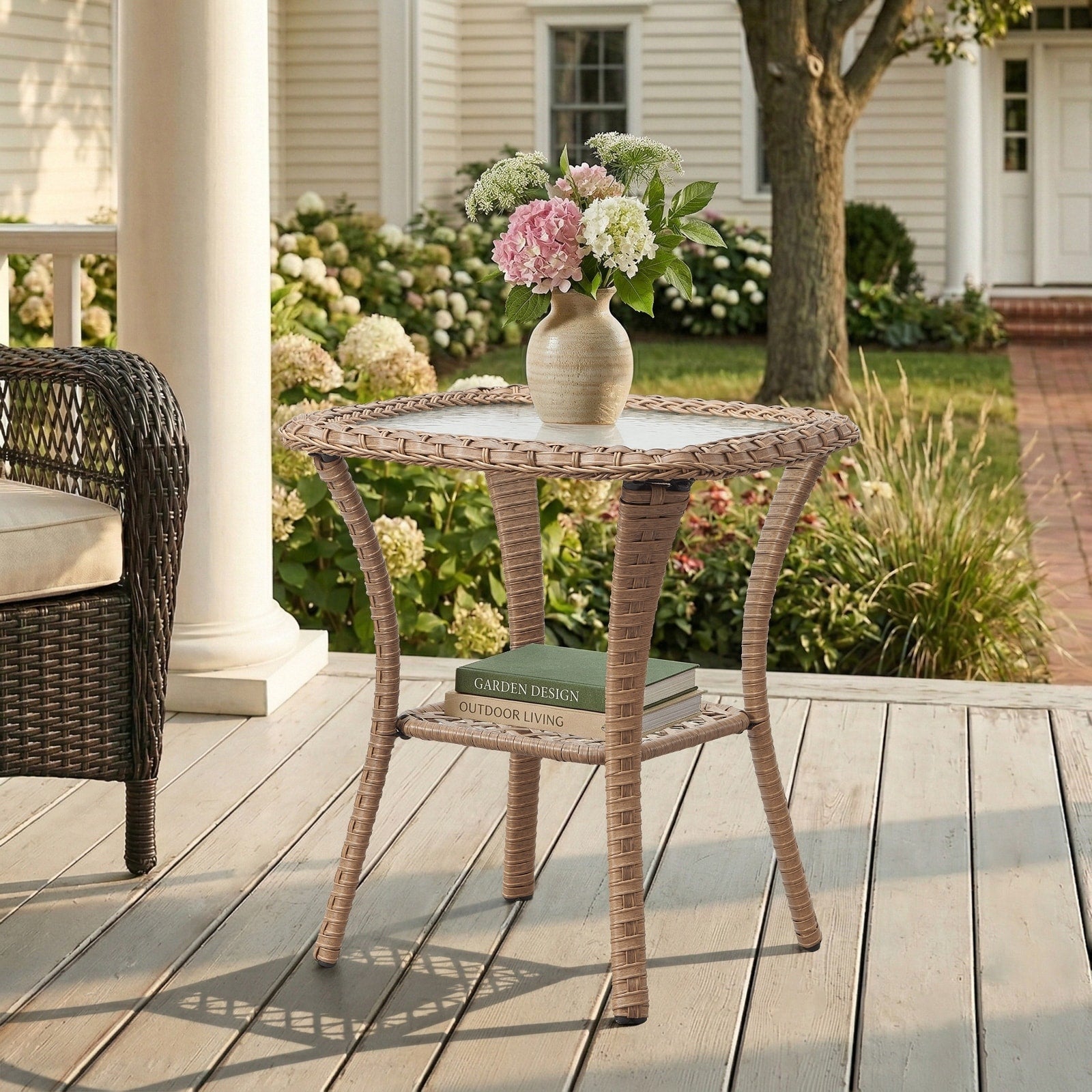 Meyreso 20 L X 20 W X 22 H Outdoor Wicker Side Table With Tempered Glass Top Storage Shelf.