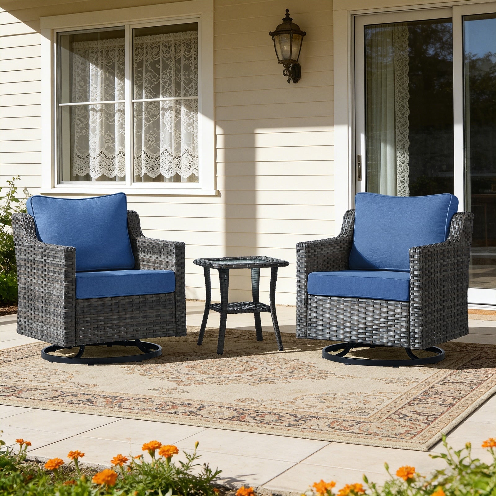 Meyreso 3 Piece Gray Wicker Outdoor Swivel Glider Chair Set With Side Table