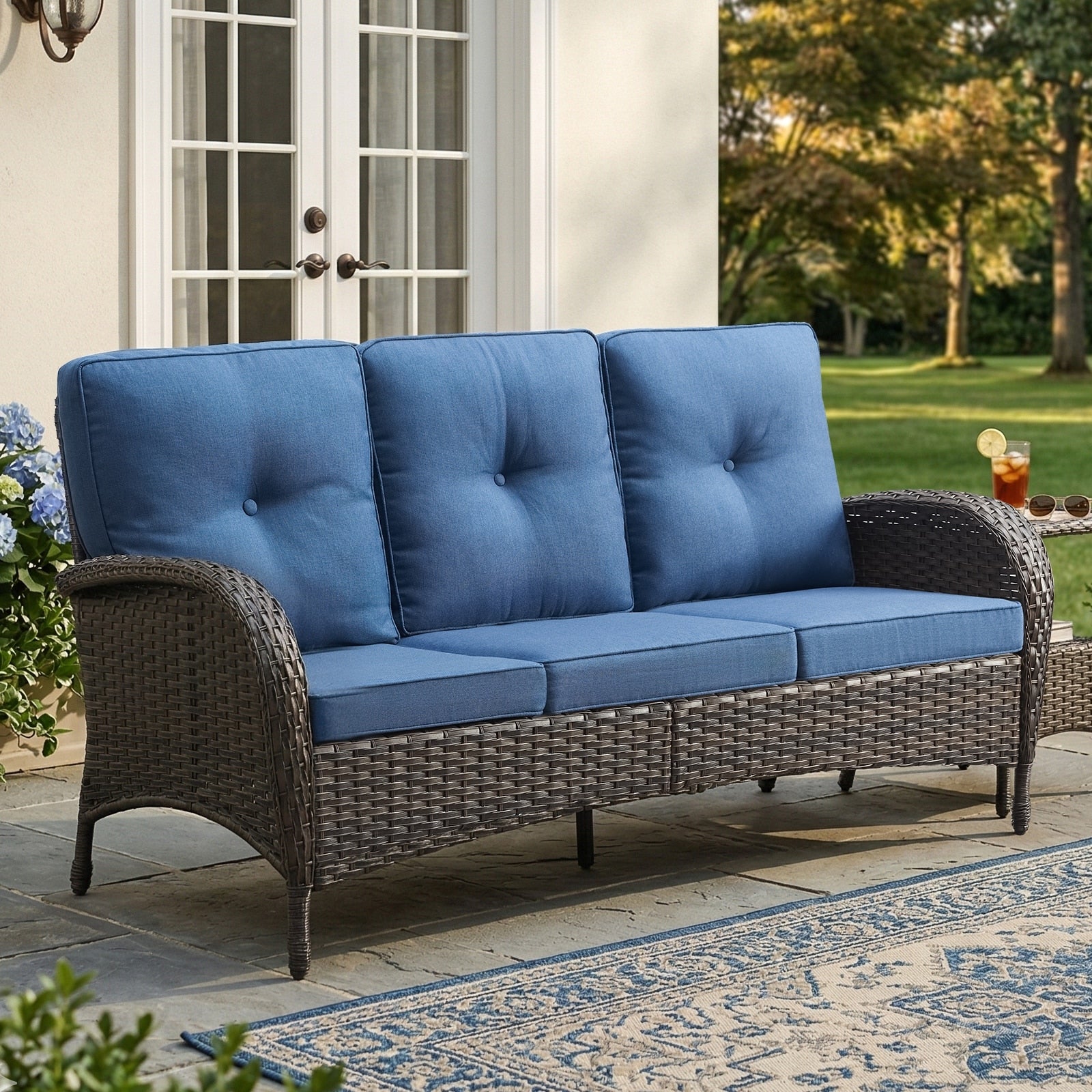 Meyreso 3 Seat Handwoven Wicker Patio Sofa With 4 Inch Thick Cushions