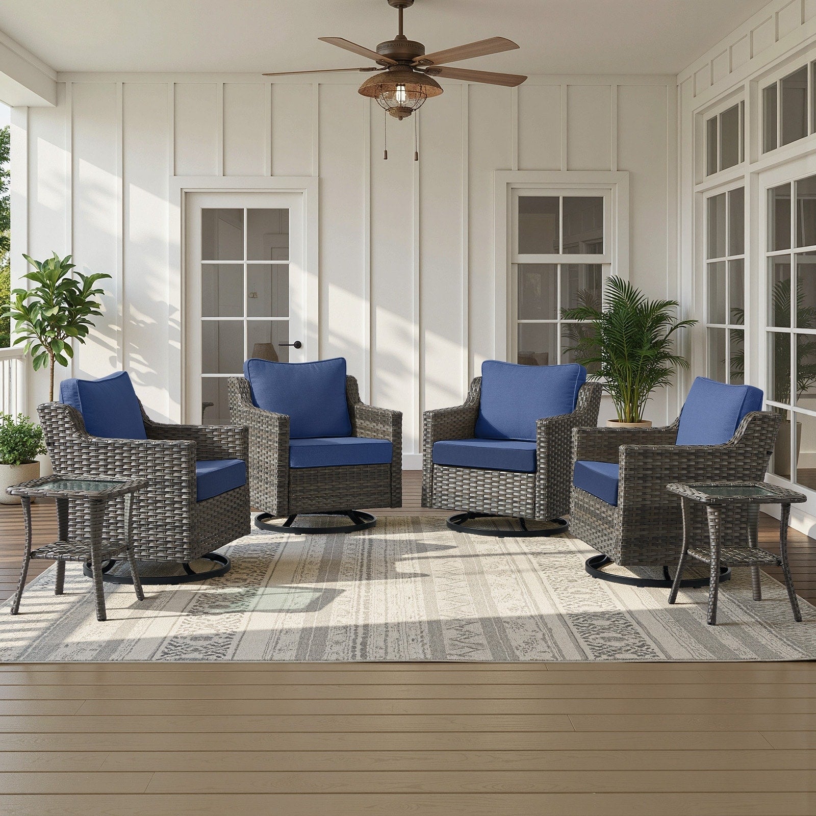 Meyreso 4 Piece Gray Wicker Outdoor Swivel Glider Chair Set With Side Table