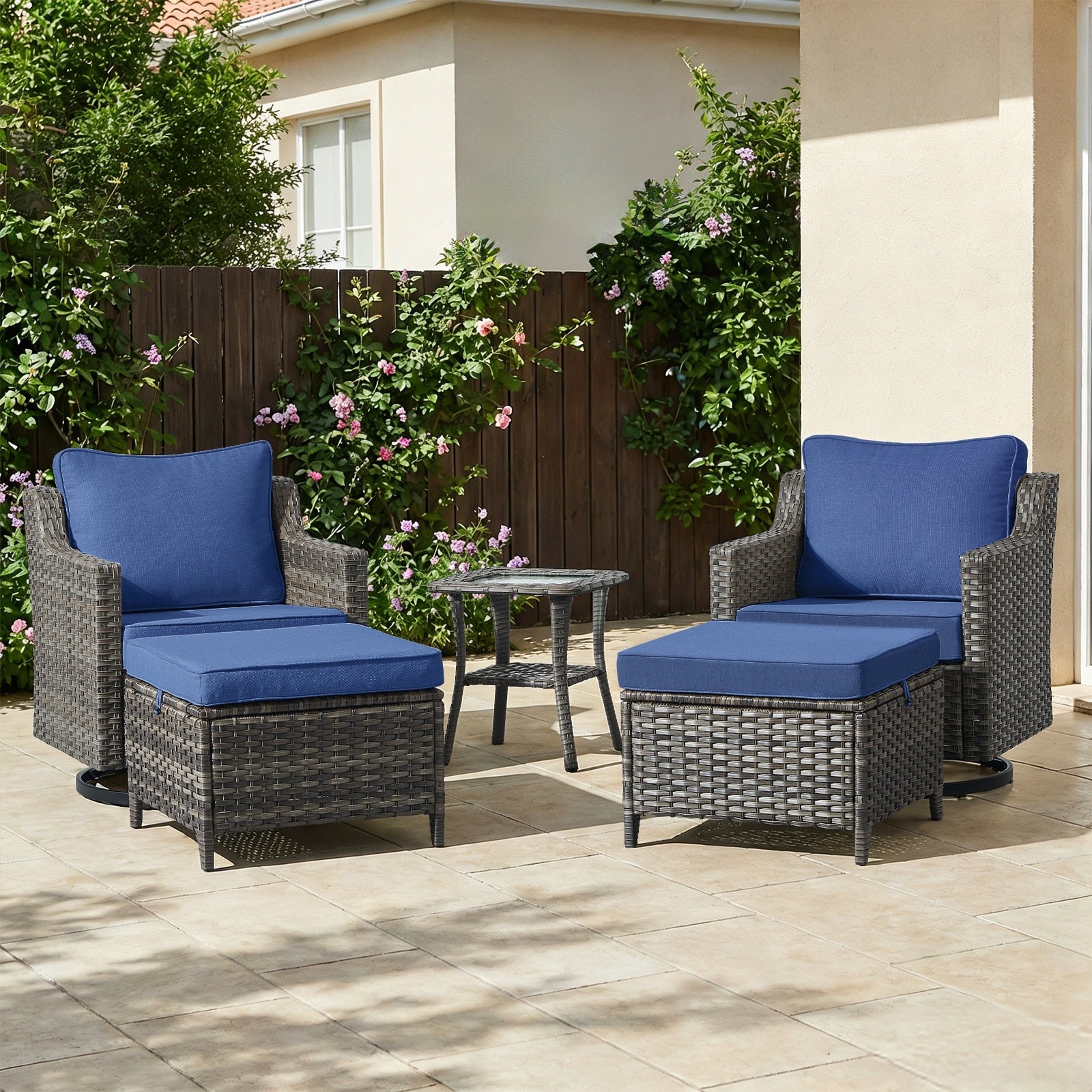Meyreso 5 Piece Gray Wicker Patio Swivel Gliders Conversation Set With 4 Inch Thick Olefin Cushions